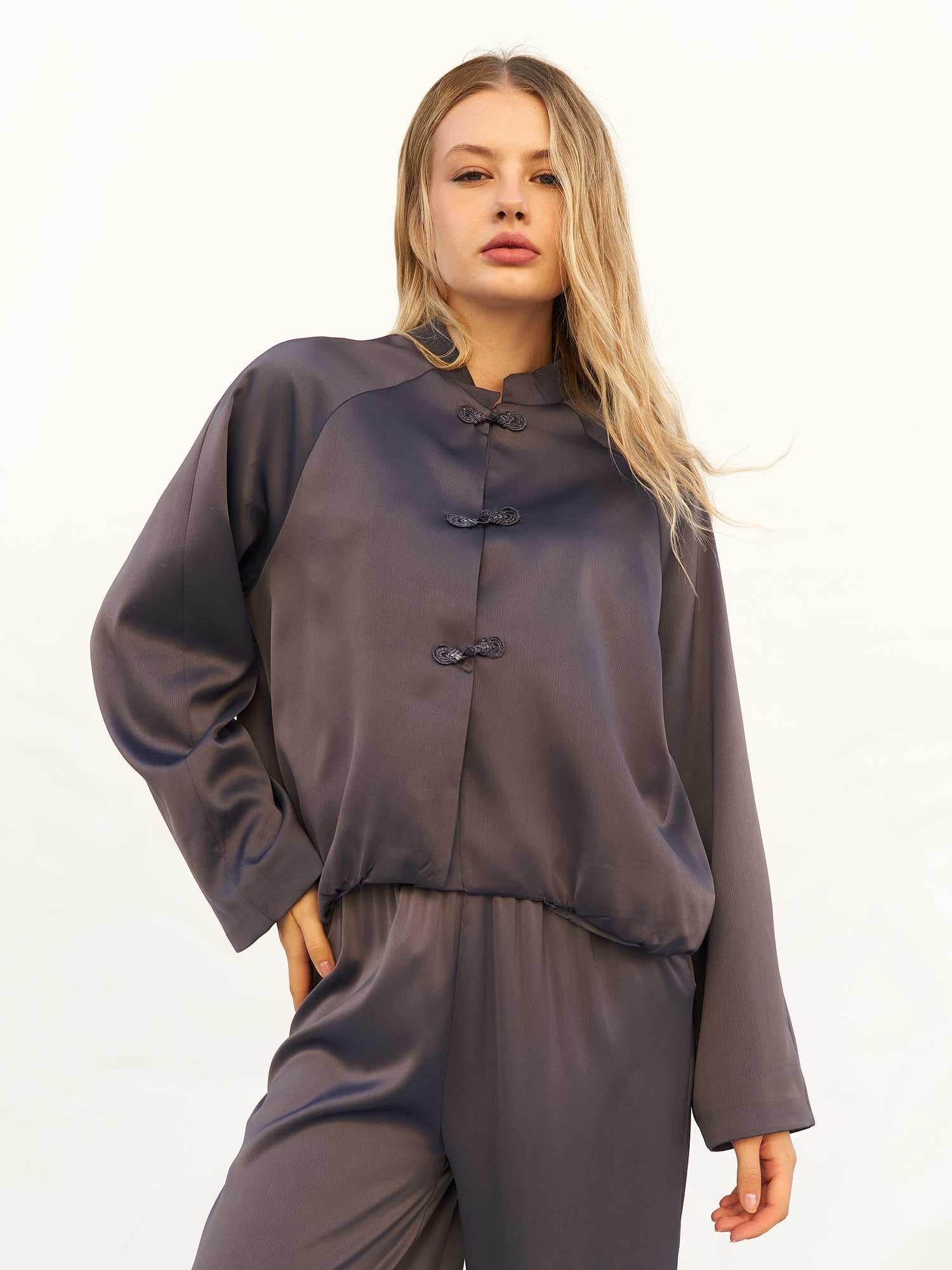 Women's Satin Bomber Jacket with Mandarin Collar and Frog Closures in Dark Grey - Lefon - by Peralane - photo 4