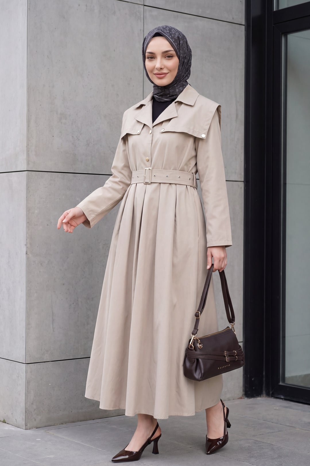Half-Button Collared Side-Pocket Belted Cotton Satin Dress - Stone - Podyumplus - by Peralane