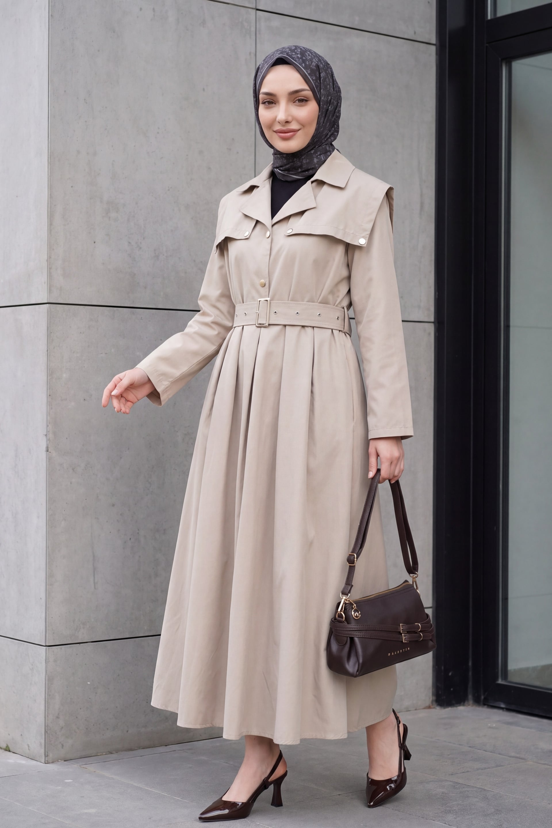 Half-Button Collared Side-Pocket Belted Cotton Satin Dress - Stone - Podyumplus - by Peralane