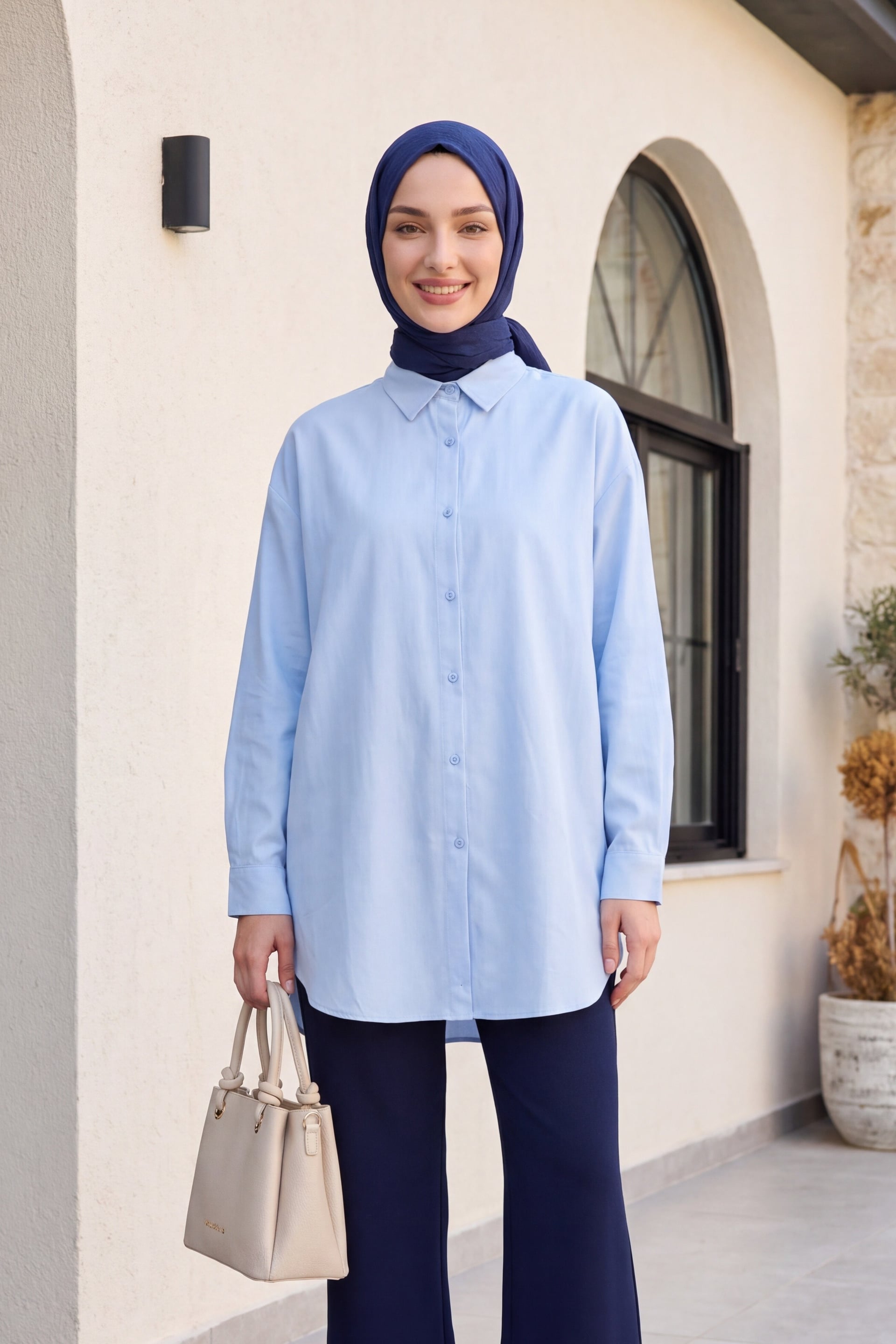 Buttoned Relaxed Viscose Blouse - Baby Blue - Podyumplus - by Peralane