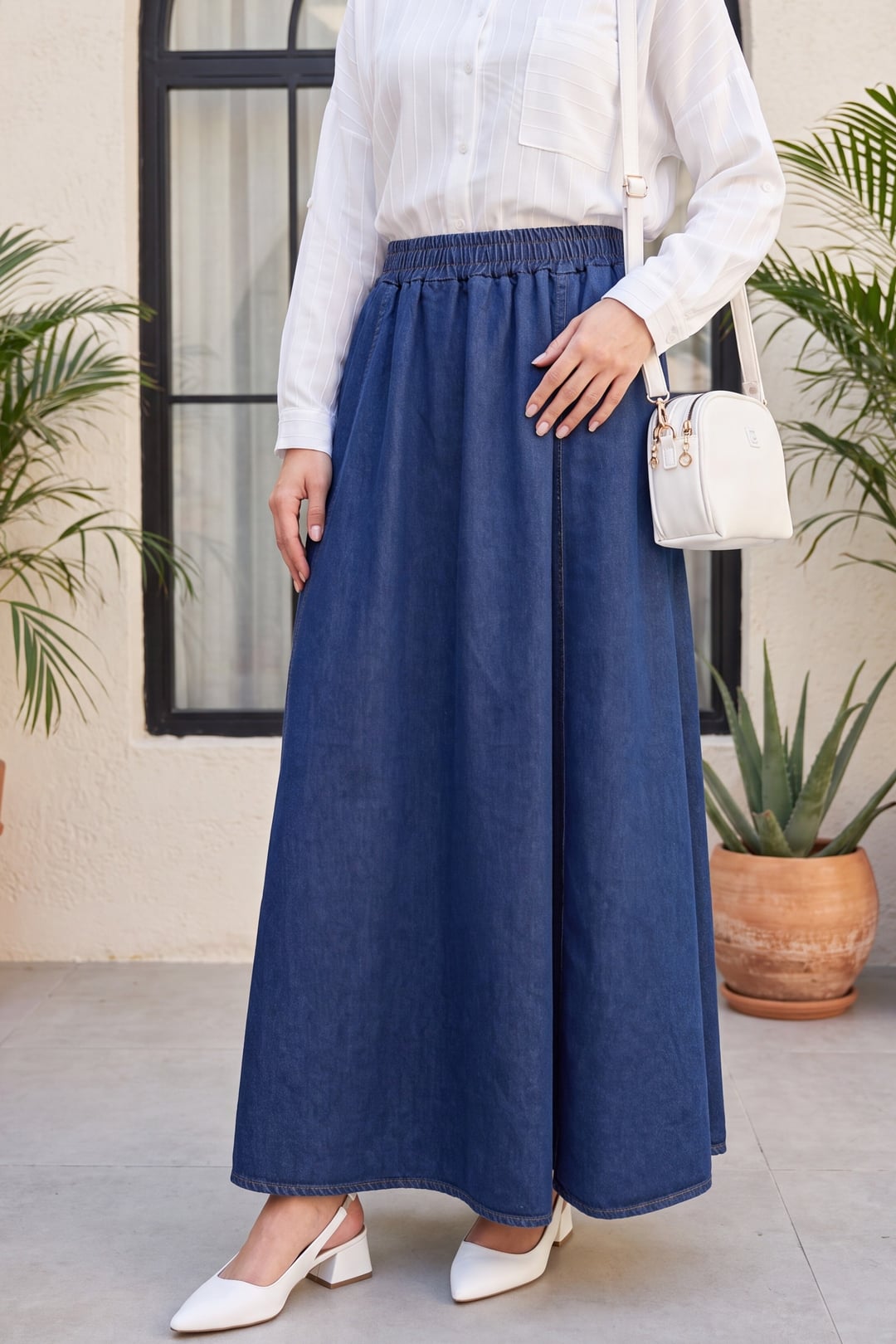 Side Pocket Elastic Waist Denim Skirt - Indigo - Podyumplus - by Peralane