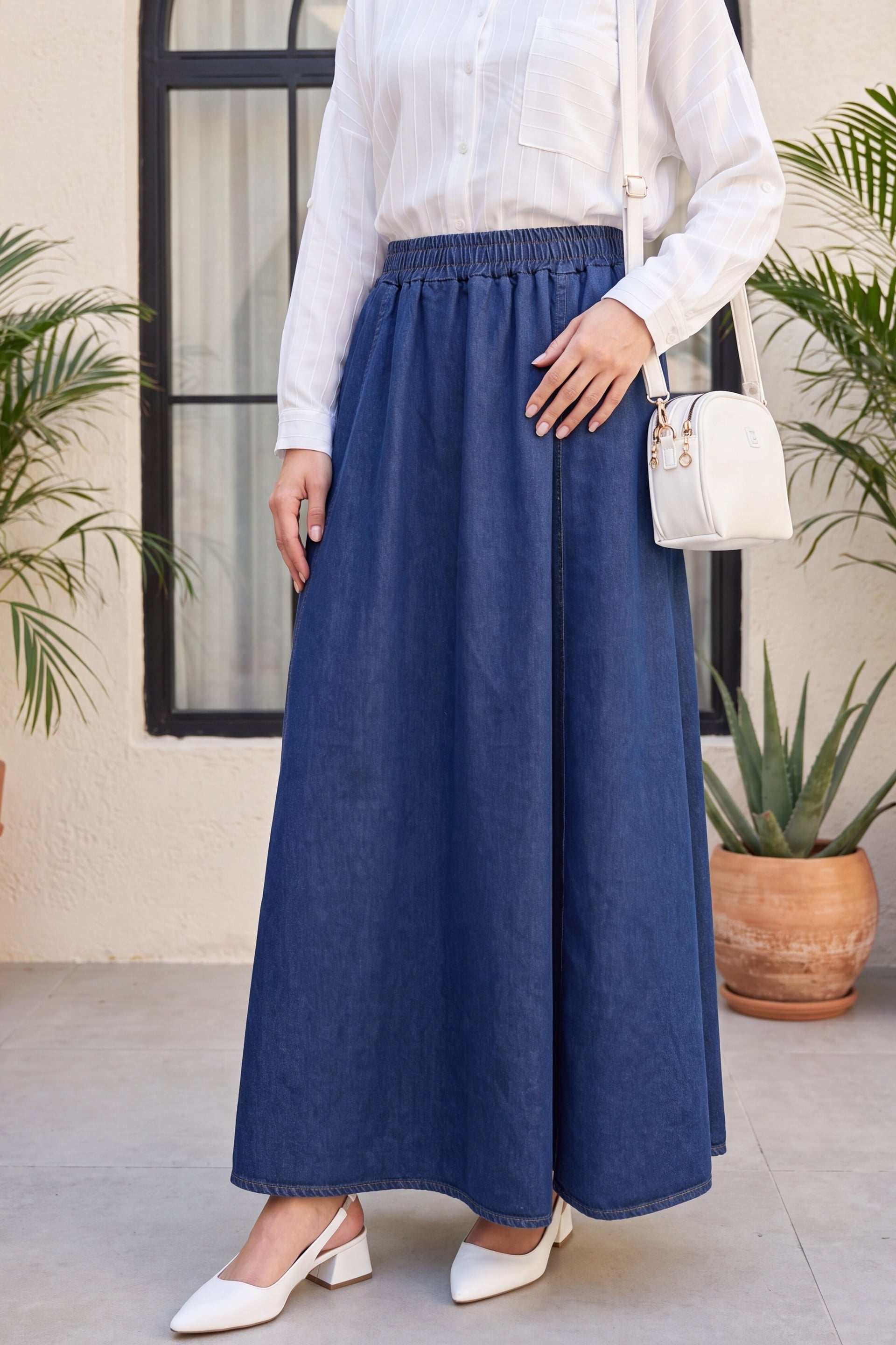 Side Pocket Elastic Waist Denim Skirt - Indigo - Podyumplus - by Peralane