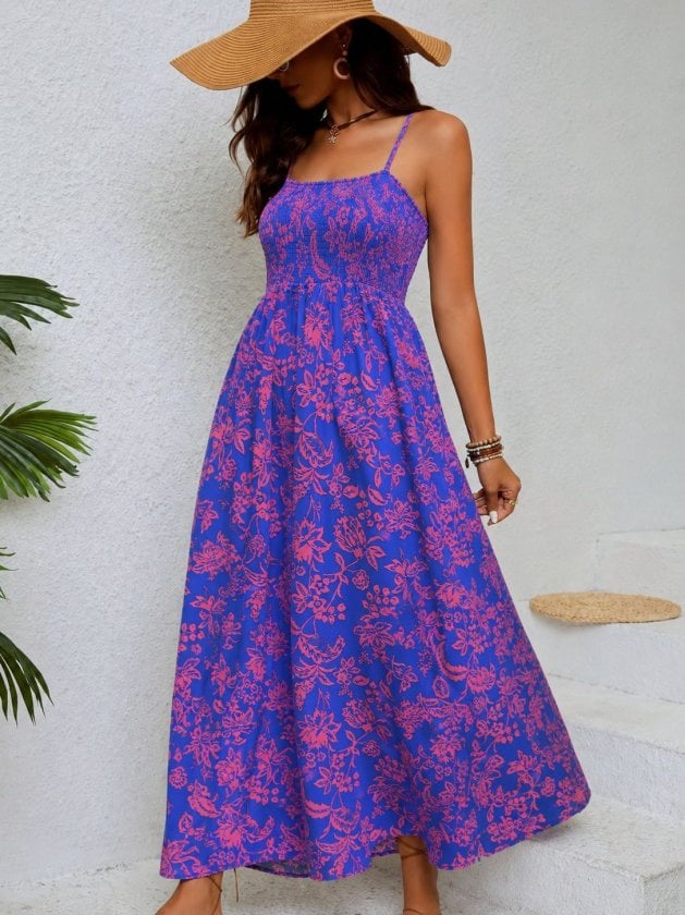 Women's Sleeveless Floral Printed Midi Dress with Smocked Bodice - Janes - by Peralane - photo 3