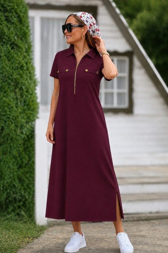 Women's Short-Sleeve Collared Zip-Front Jersey Dress in Burgundy - Janes - by Peralane - photo 2