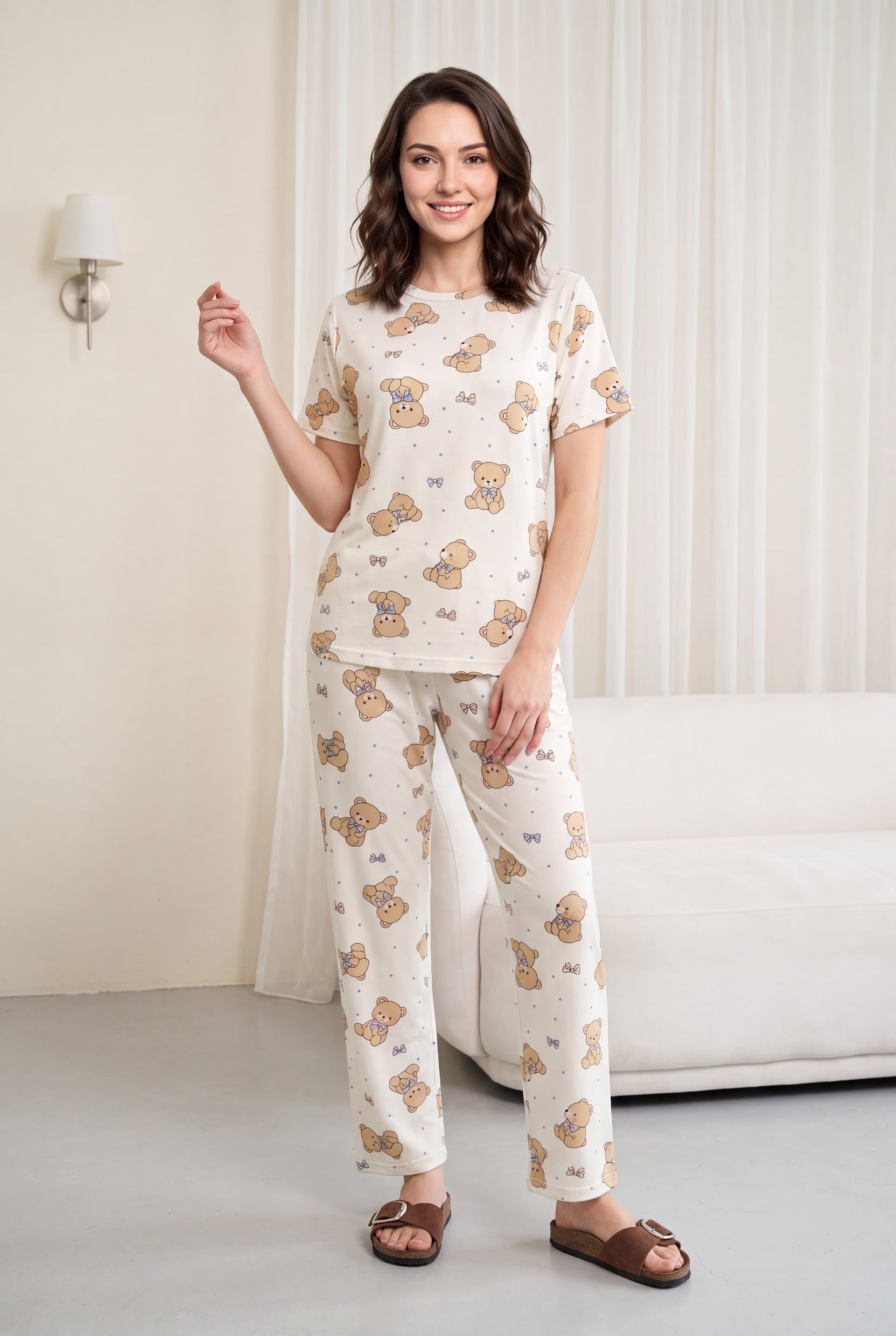 Mixed Figure Print Bicycle Neck Short Sleeve Terry Pyjama Set - White - Podyumplus - by Peralane