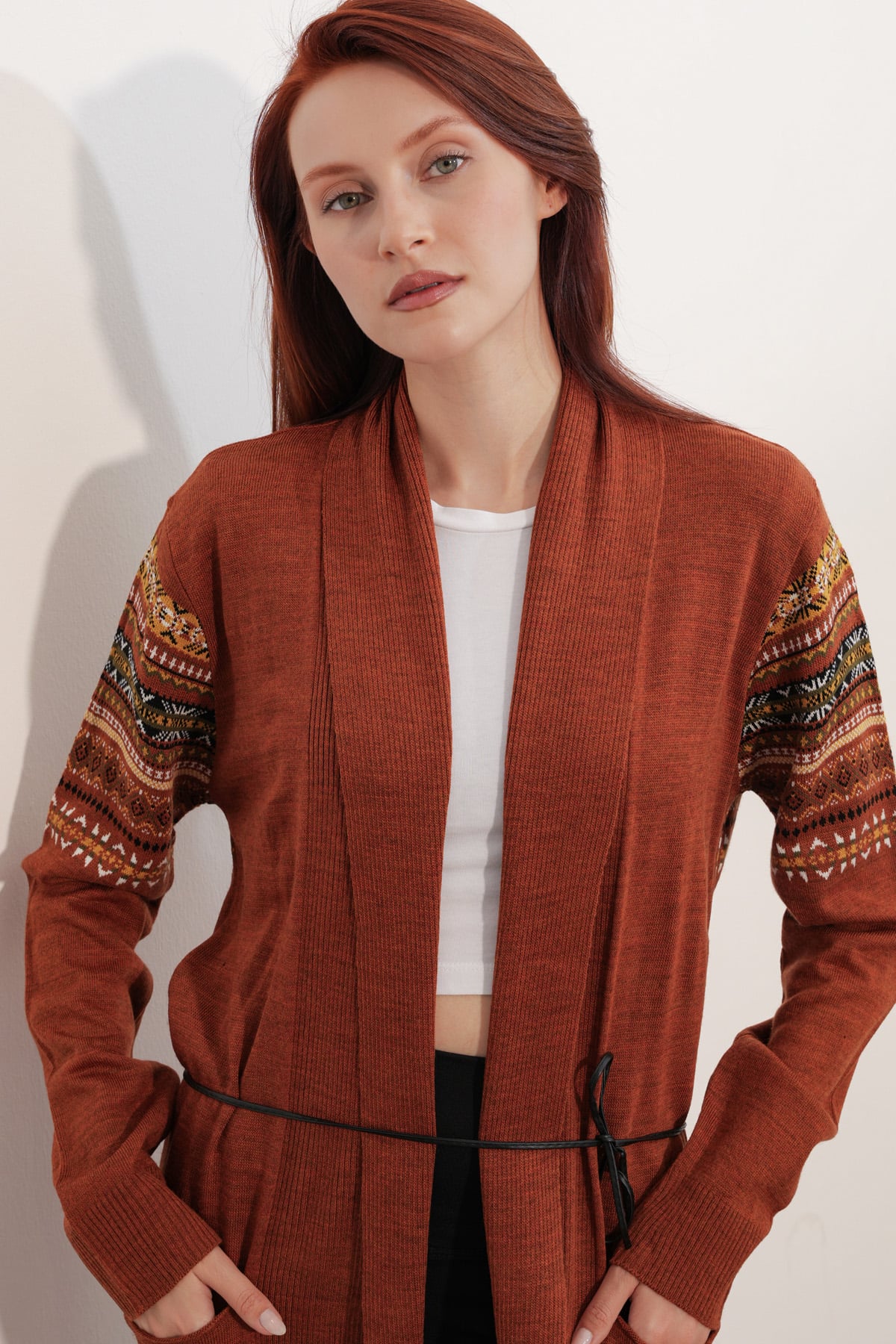 Long Knit Cardigan with Belt - Rust - Bigdart - by Peralane - photo 3