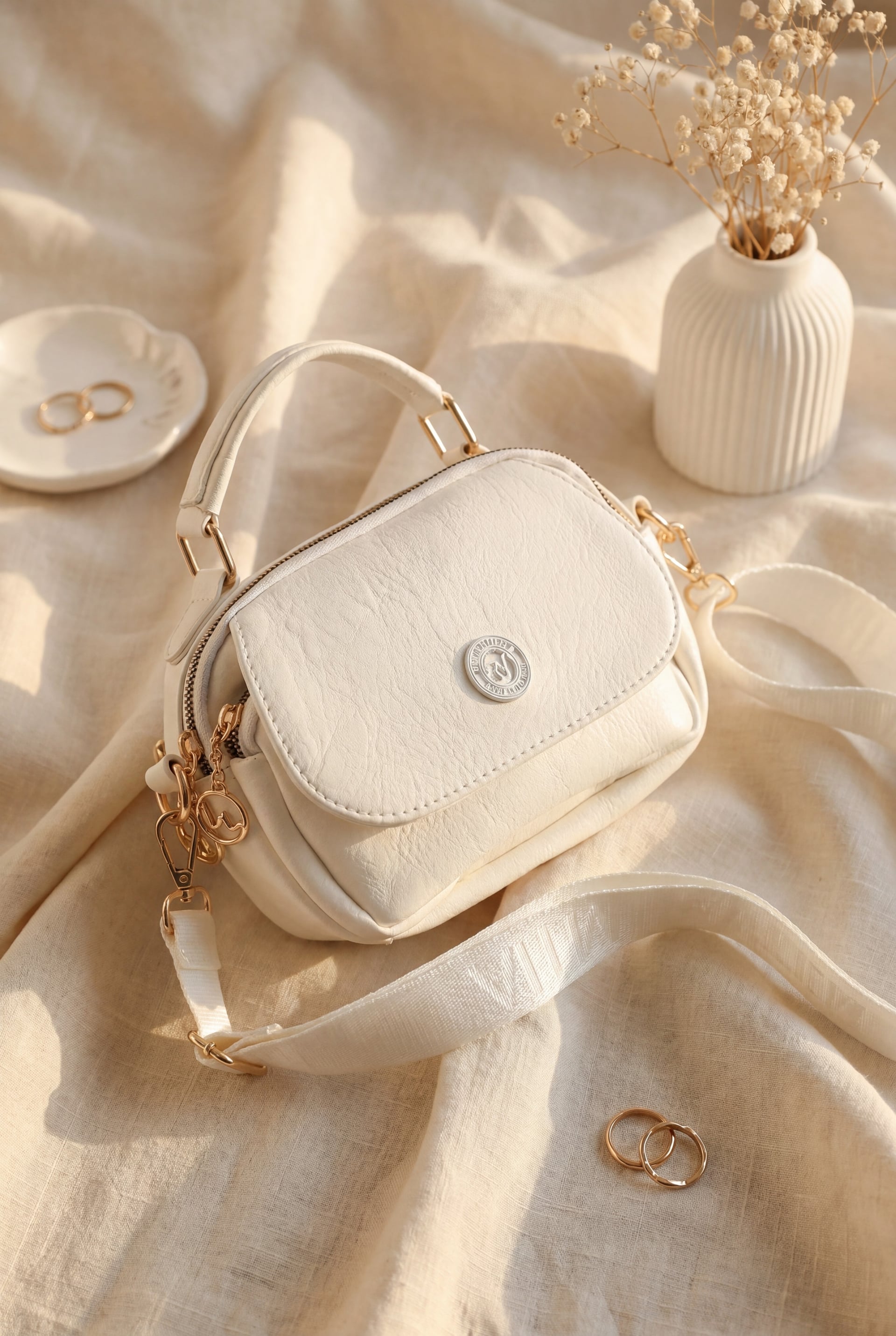 Off-White Woven Strap Multi-Compartment Crossbody Bag - Podyumplus - by Peralane