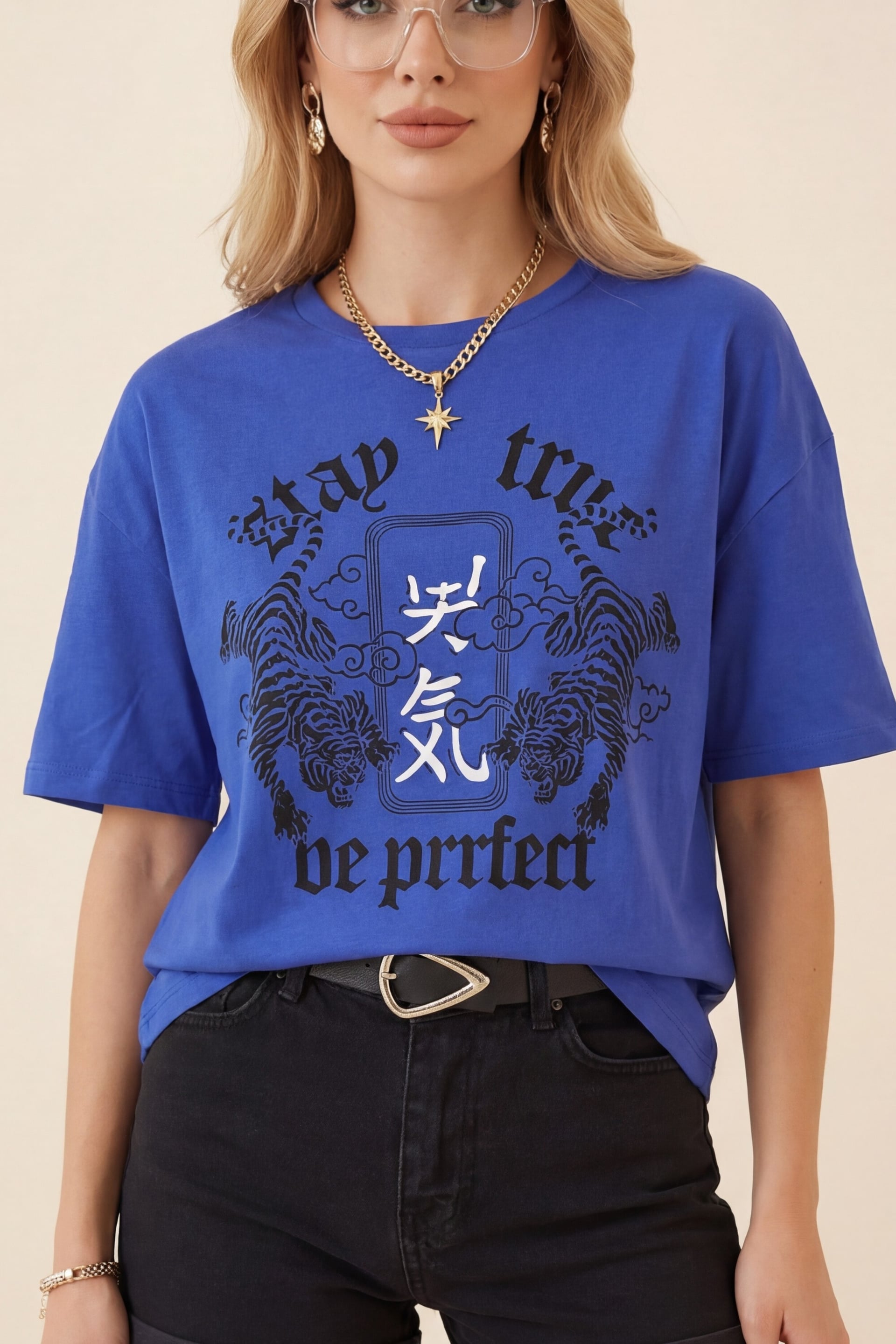 Round Neck Print Crop T-Shirt - Blue - Podyumplus - by Peralane