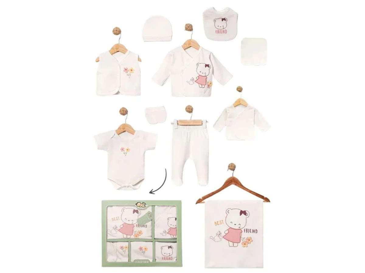 Newborn Girl Gift Set with Bodysuit, Vest, Kimono, Pants, Hat, Mittens, Bib, Washcloth, Blanket - Pink - Baby Zuhu - by Peralane