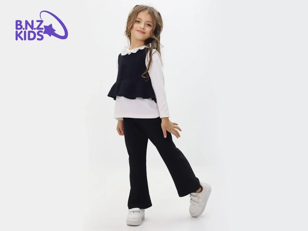 Girls' Three-Piece Set with Lace Collar and Knit Vest - Black - Incilay - by Peralane