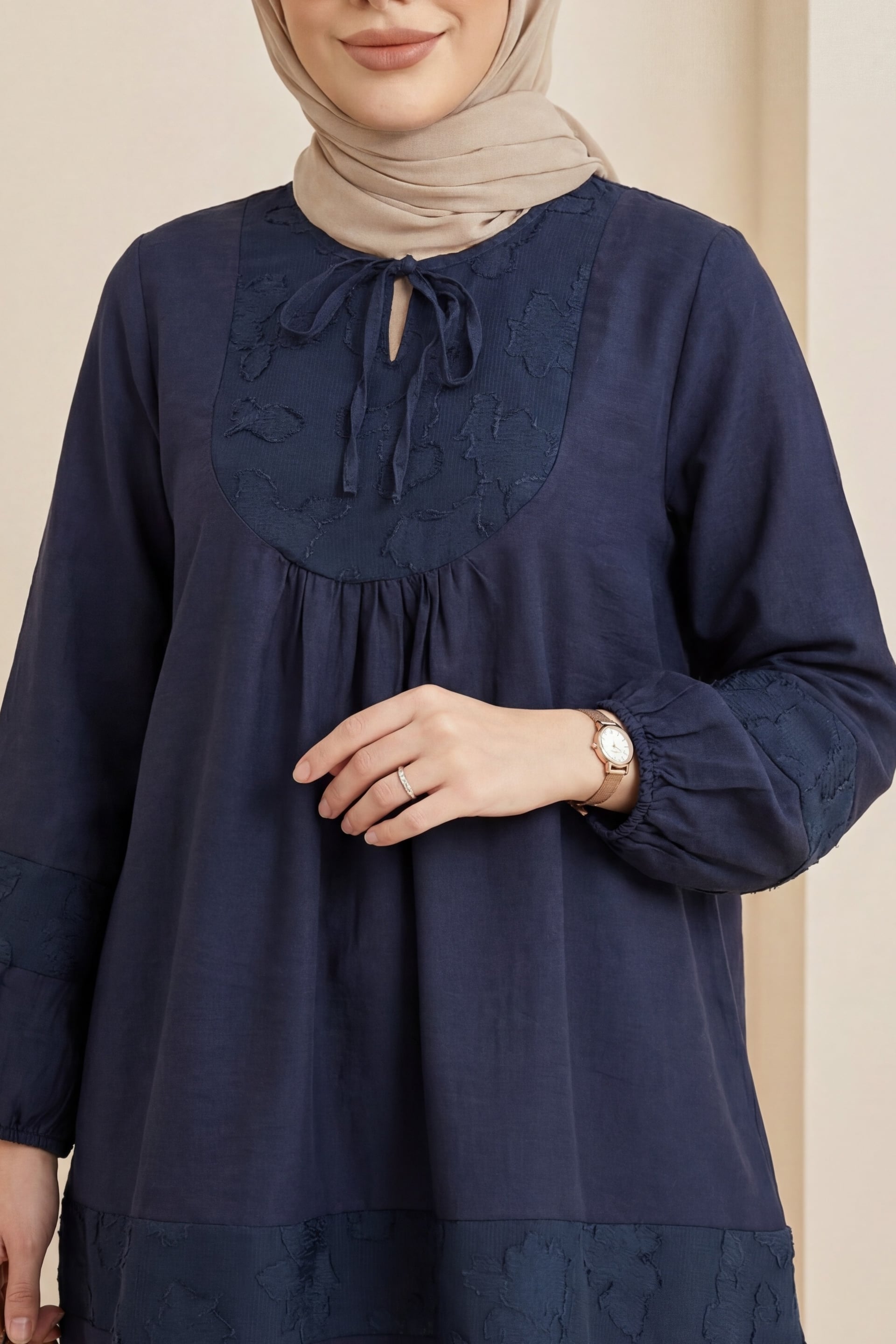 Navy Blue Keyhole Tie Modal Tunic with Elasticated Cuffs - Podyumplus - by Peralane - photo 2