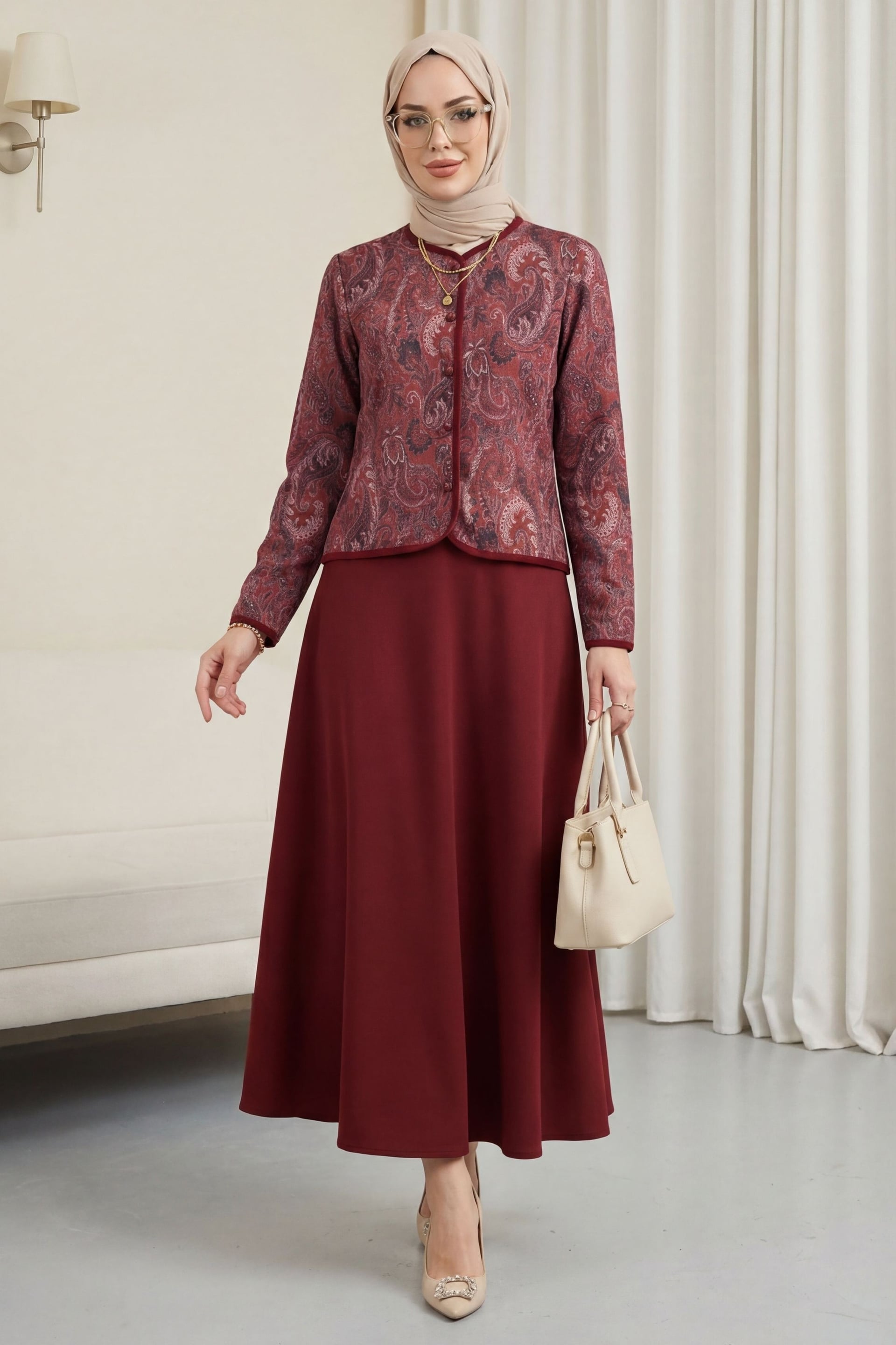 Top Button Ethnic Pattern Skirted Crepe Set - Bordeaux - Podyumplus - by Peralane