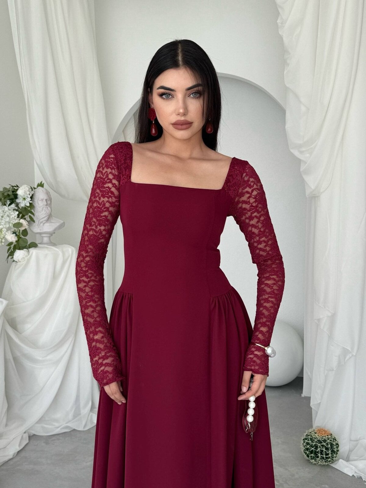 Kukale Midi Dress in Deep Red with Lace Sleeves - Etika - by Peralane