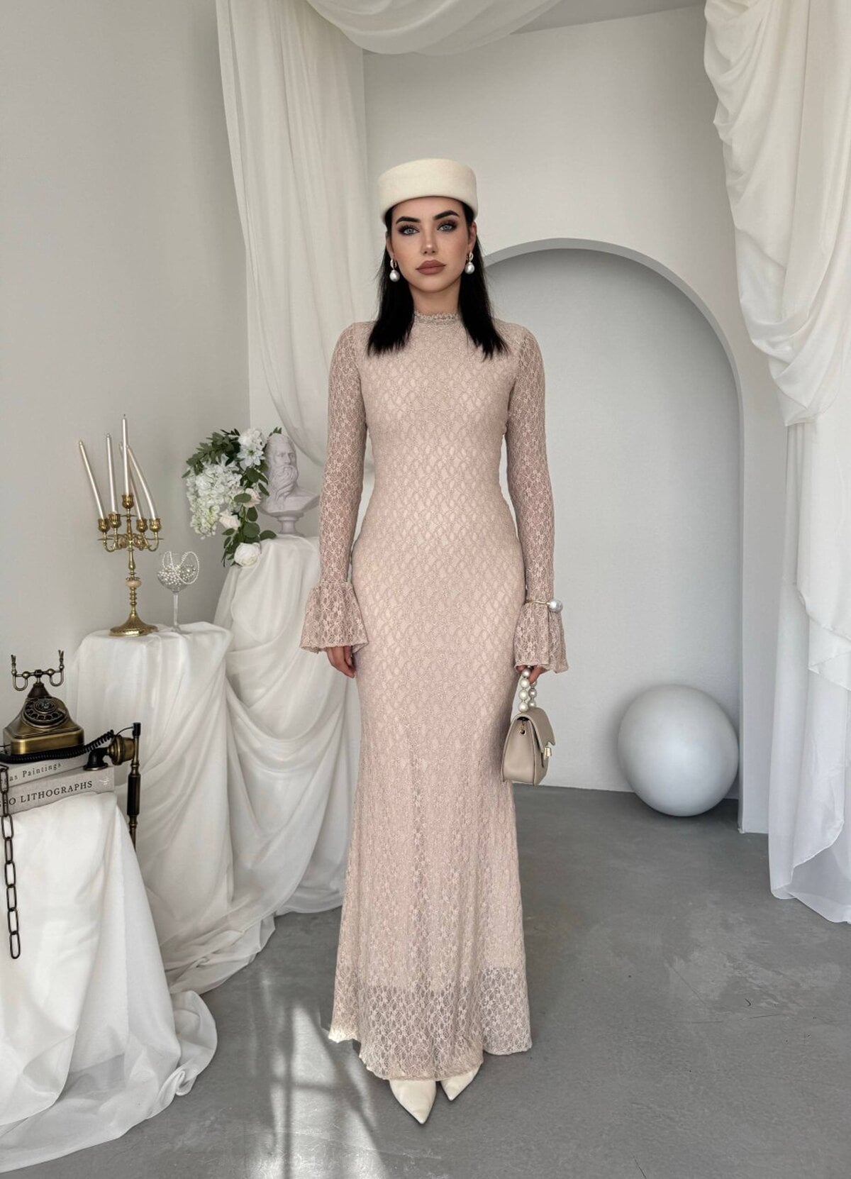 Beige Lace Midi Dress with Long Sleeves - Etika - by Peralane - photo 4
