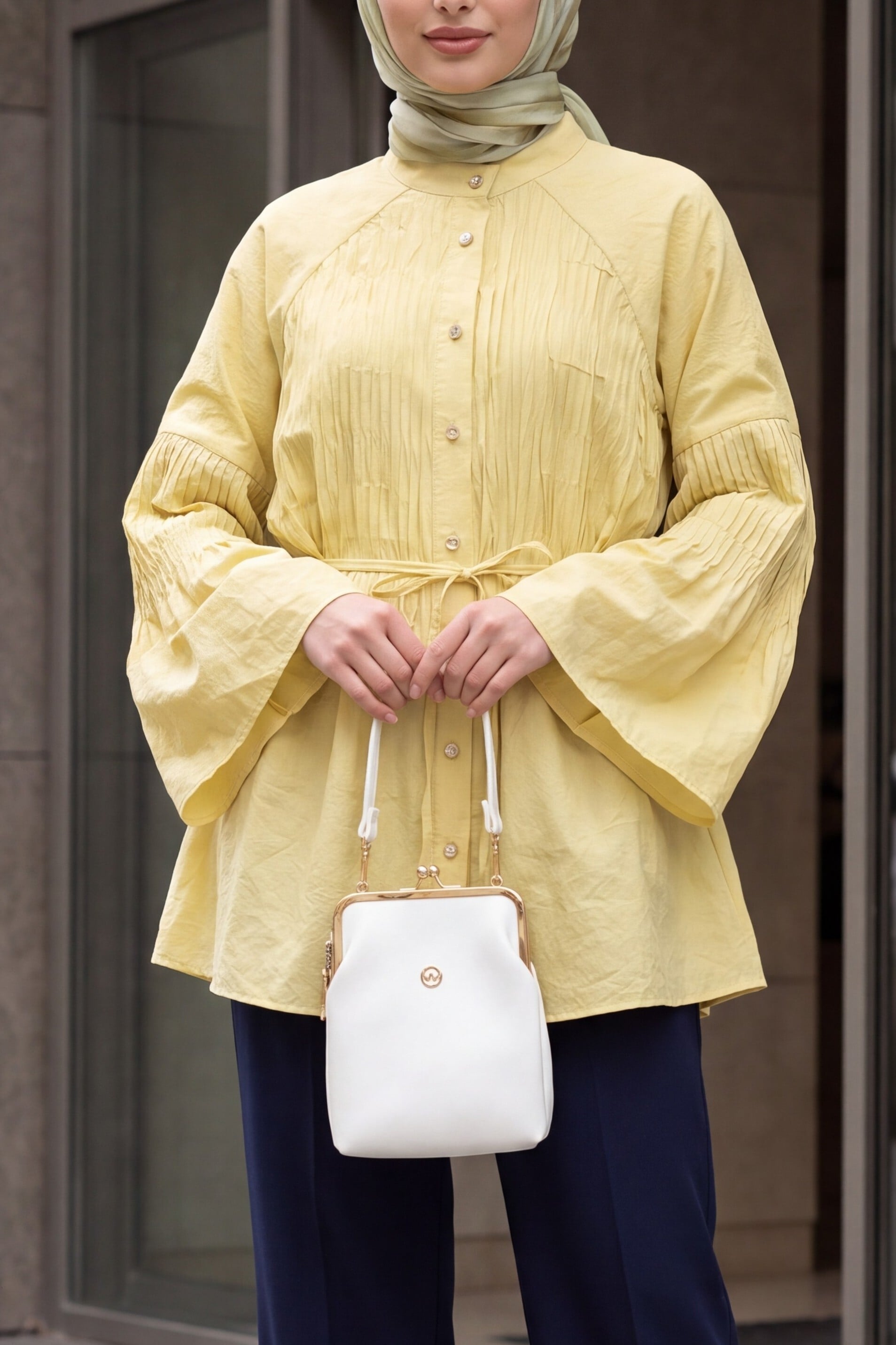 Spanish Sleeve Stone Button Belted Cupro Tunic - Yellow - Podyumplus - by Peralane