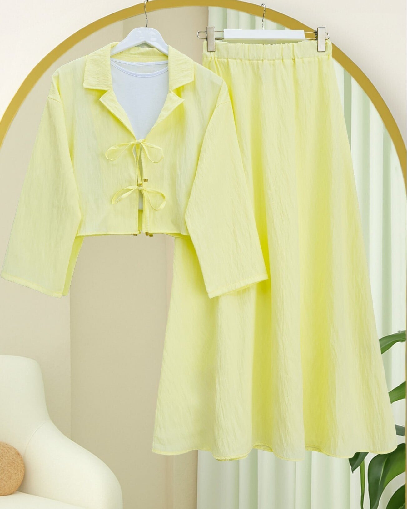 Women's Modest Two-Piece Set: Cropped Jacket and Long Drawstring Skirt in Light Yellow - Podyumplus - by Peralane - photo 3