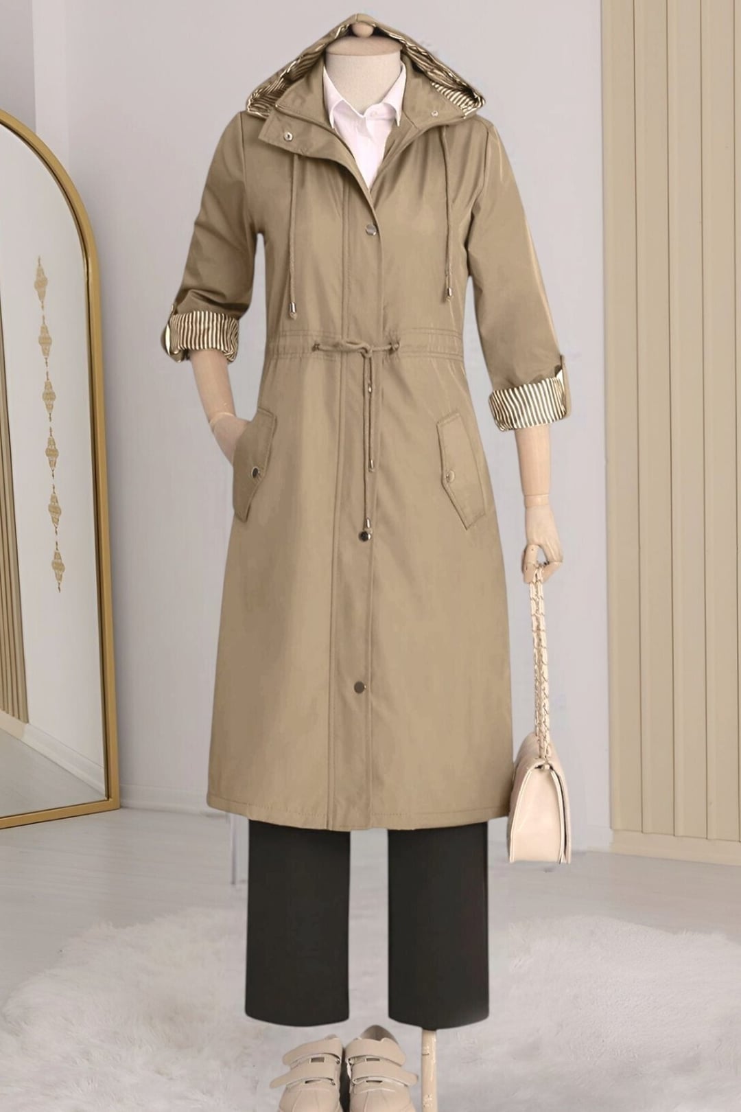 Beige Hooded Lined Trench Coat with Removable Hood and Striped Cuffs - Podyumplus - by Peralane - photo 4