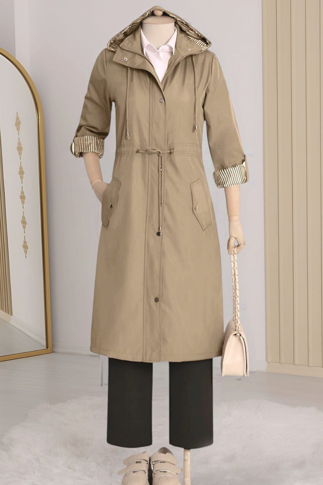 Beige Hooded Lined Trench Coat with Removable Hood and Striped Cuffs - Podyumplus - by Peralane - photo 4