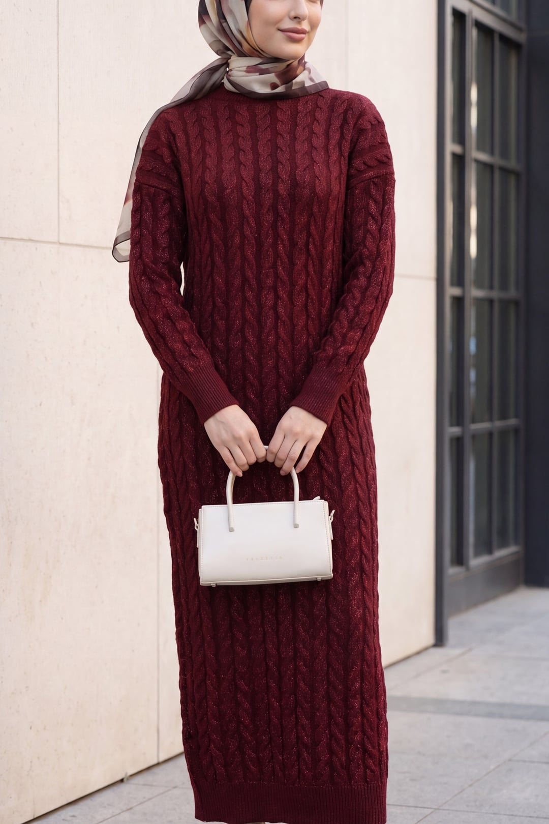 Cable Knit Metallic Dress in Burgundy - Podyumplus - by Peralane