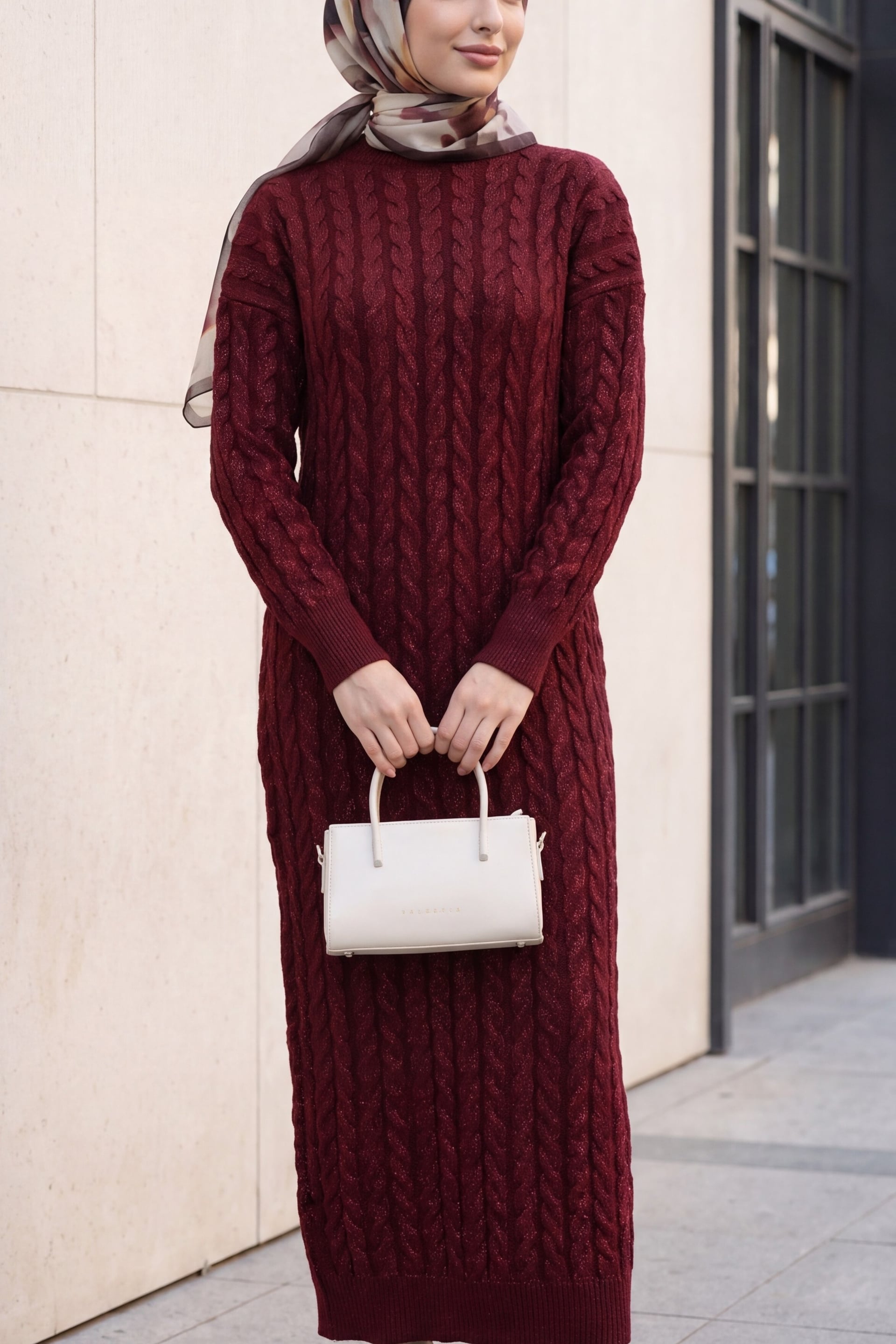 Cable Knit Metallic Dress in Burgundy - Podyumplus - by Peralane