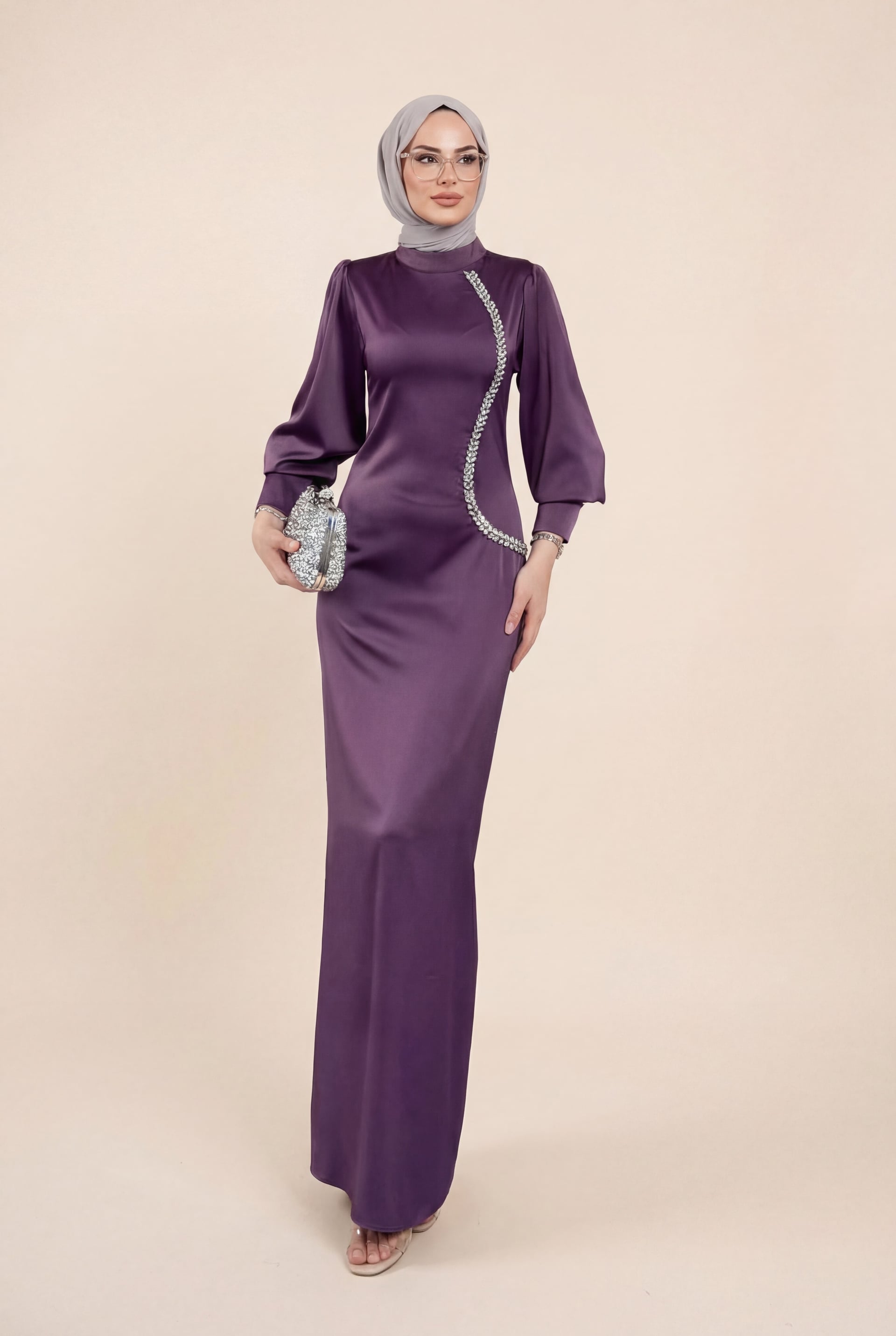 Satin Evening Dress with Rhinestone Trim and Balloon Sleeves - Lilac - Podyumplus - by Peralane - photo 2