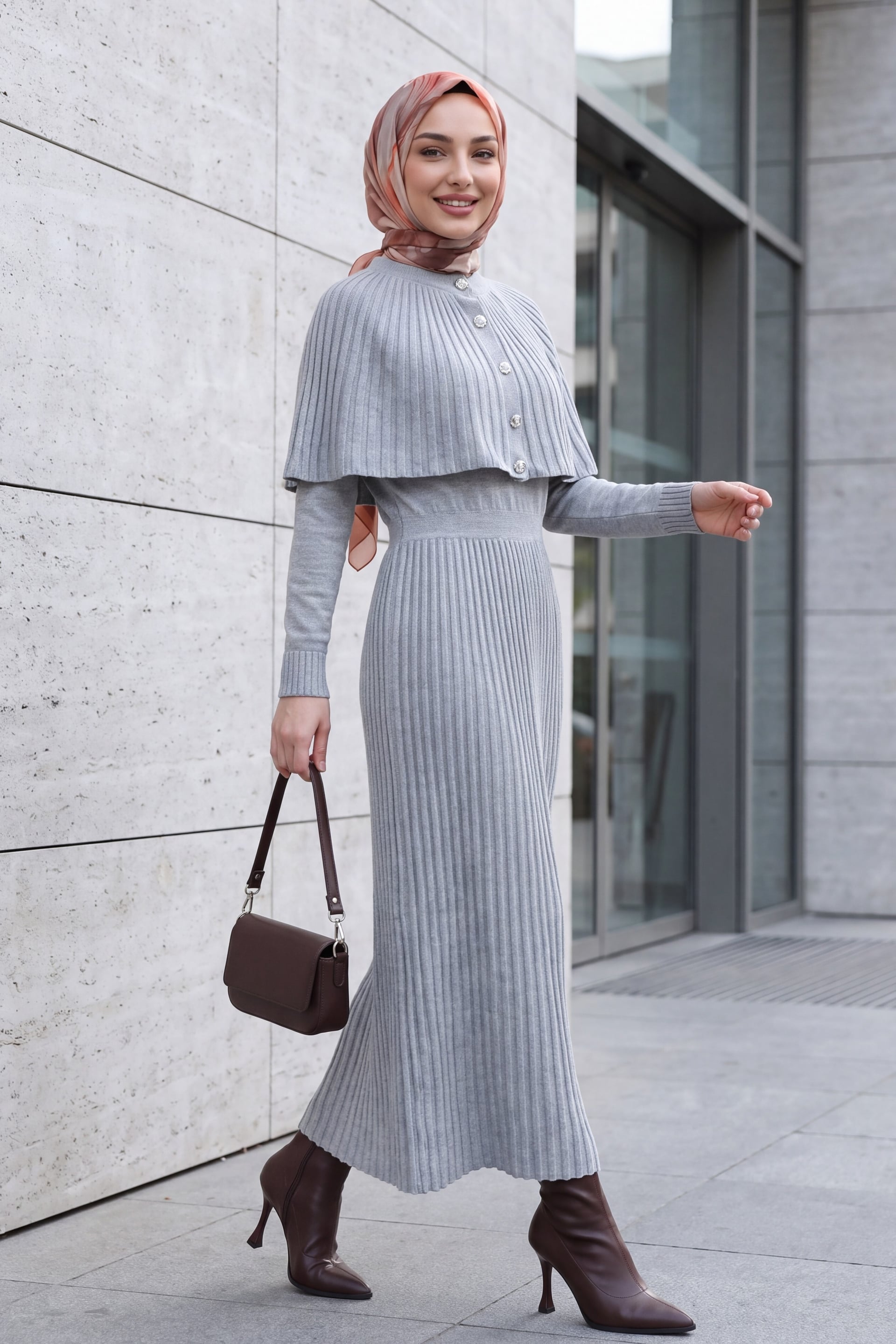 Ribbed Knit Long Dress with Capelet Detail and Elastic Waist - Light Beige - Podyumplus - by Peralane - photo 3