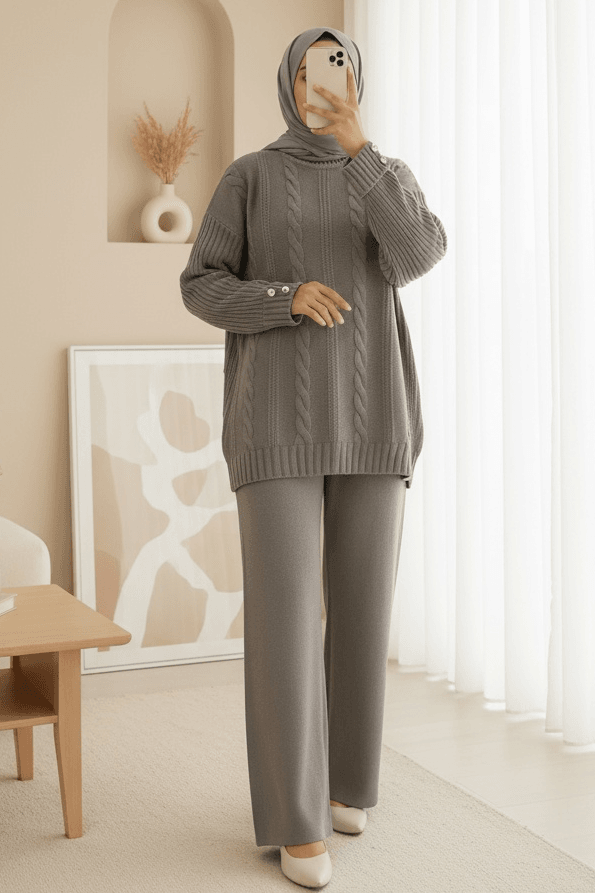 Grey Cable Knit Sweater and Wide-Leg Trousers Set for Women - Podyumplus - by Peralane