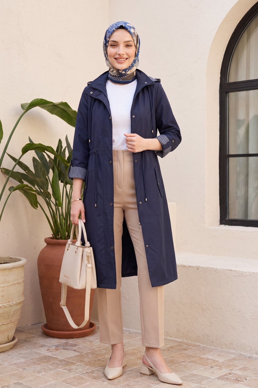 Navy Blue Hooded Trench Coat with Drawstring Waist - Podyumplus - by Peralane - photo 3