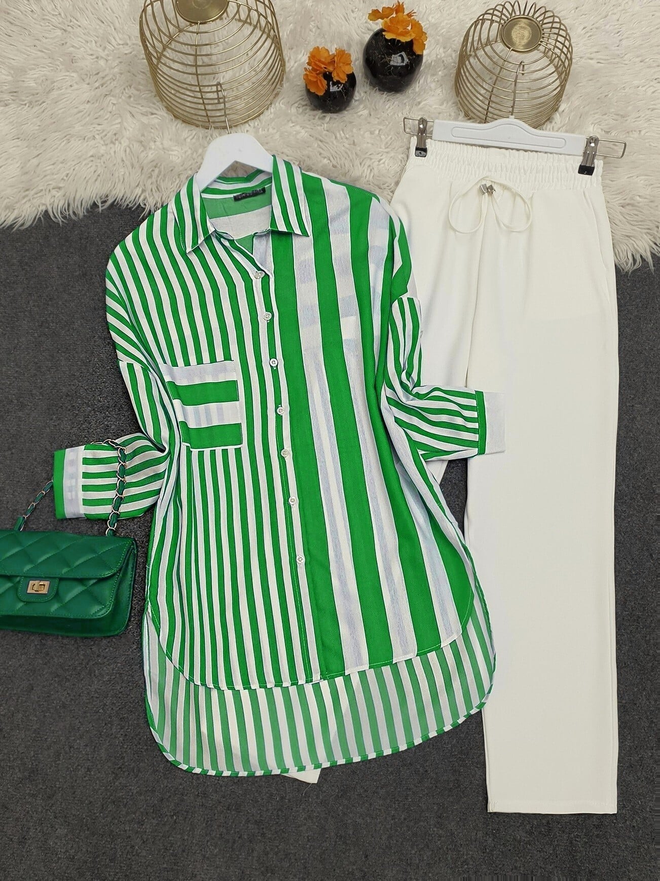 Striped Linen Look Blouse - Green - Podyumplus - by Peralane - photo 3