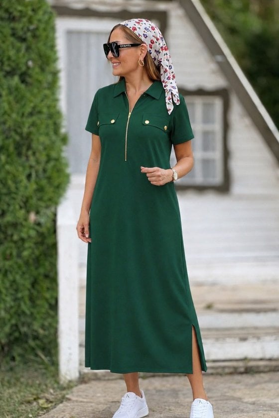 Women's Short Sleeve Collared Zipper Long Viscose Two-Thread Dress in Dark Green - Janes - by Peralane