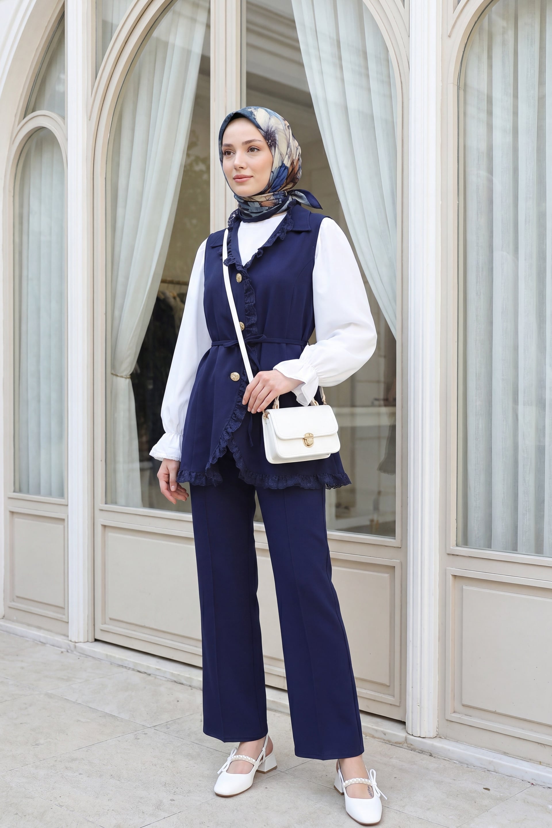 Lace-Trimmed Belted Vest and Trousers Two-Piece Crepe Set – Navy Blue - Podyumplus - by Peralane - photo 2