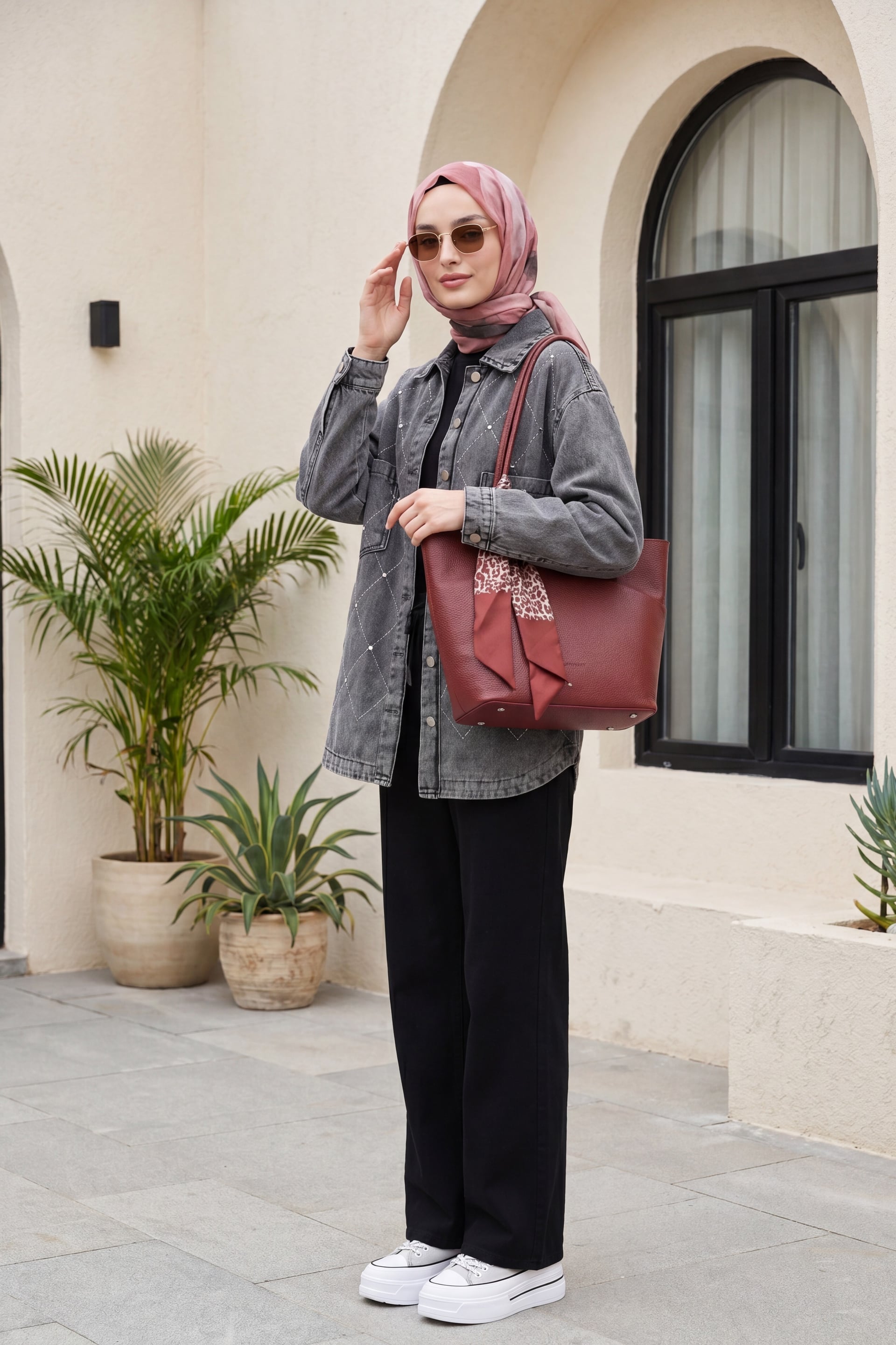 Smoke Grey Rhinestone-Trimmed Double Pocket Denim Jacket with Button Front - Podyumplus - by Peralane - photo 2