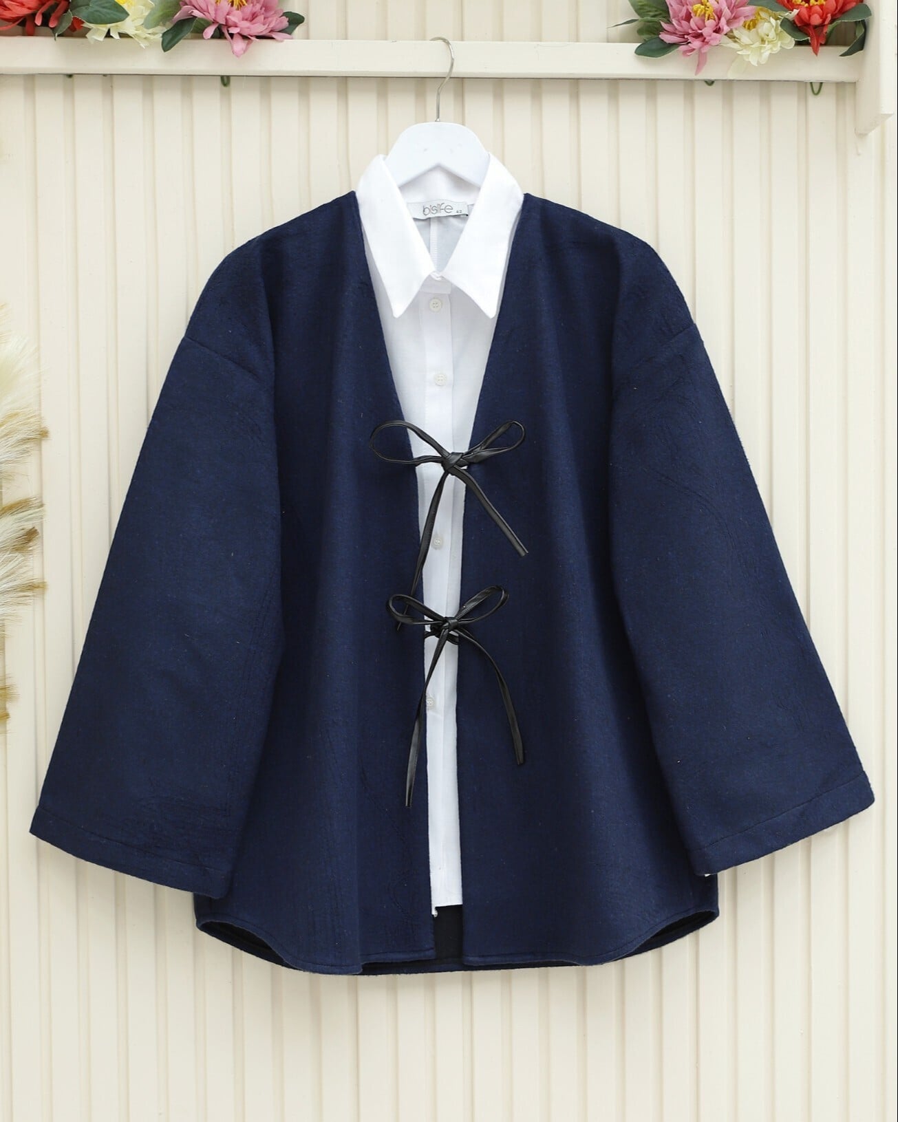 Navy Blue Tie-Front Oval Cut Kimono Jacket - Podyumplus - by Peralane