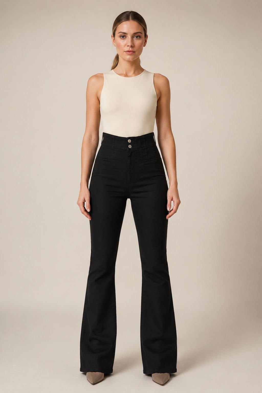 High-Waisted Flared Denim Trousers with Button and Zip Closure – Black - Xlove - by Peralane - photo 3