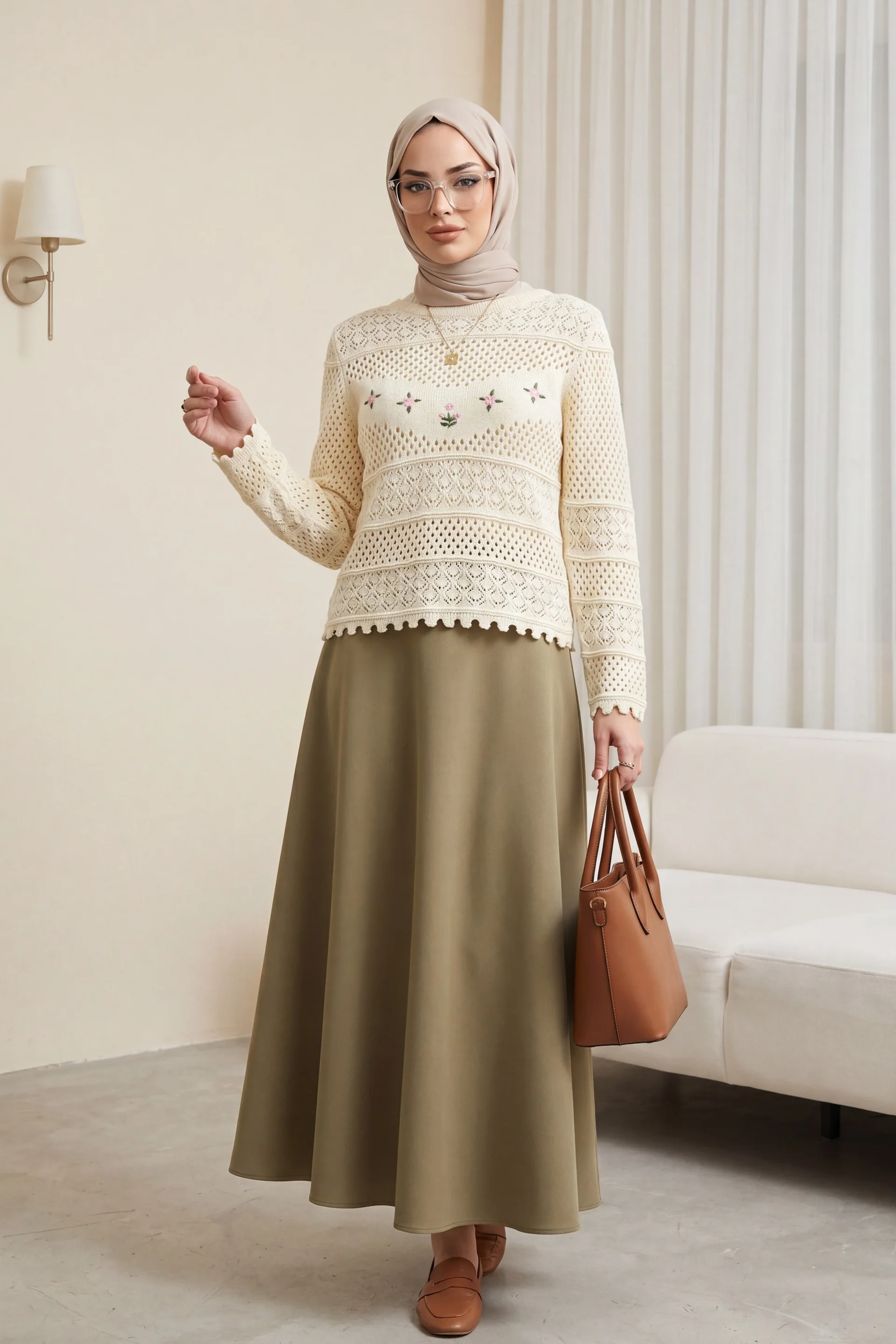 Cream Floral Embroidered Openwork Knit Sweater - Podyumplus - by Peralane - photo 2