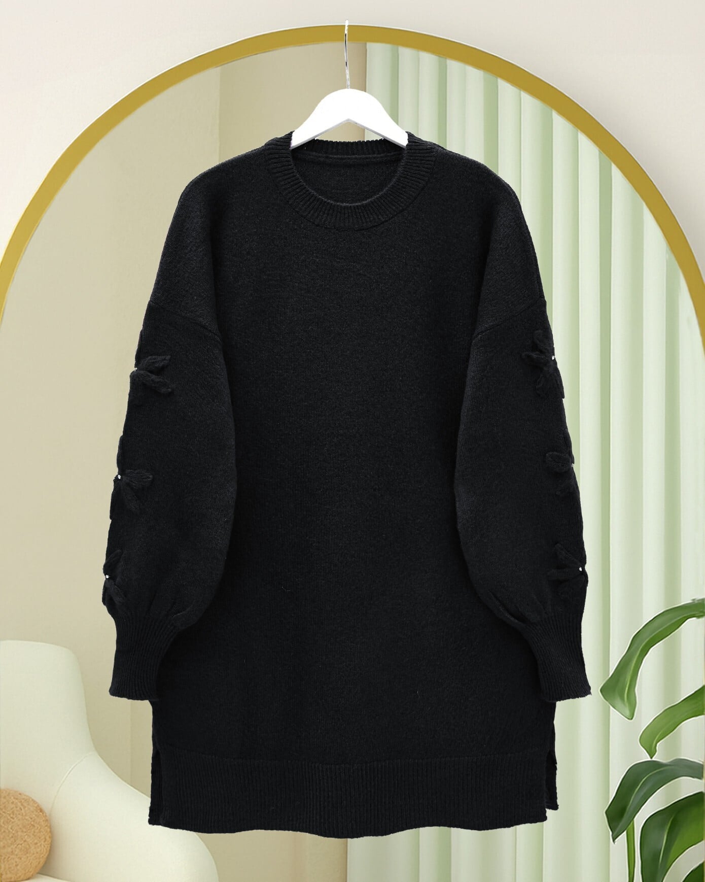 Black Round Neck Knit Sweatshirt with Floral Sleeve Detail - Podyumplus - by Peralane - photo 2
