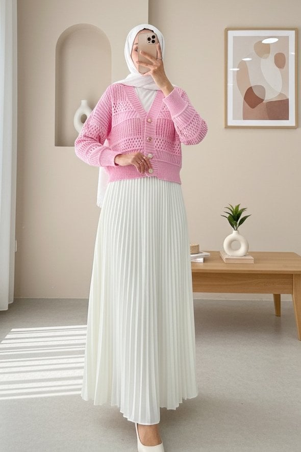 Pink Openwork Buttoned Knit Cardigan - Podyumplus - by Peralane - photo 6