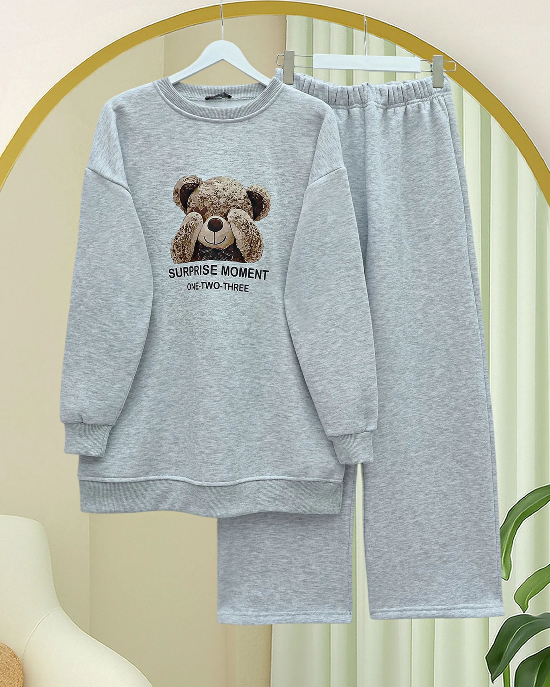 Teddy Bear Print Brushed 3-Thread Sweatshirt and Trousers Set - Light Grey - Podyumplus - by Peralane - photo 3