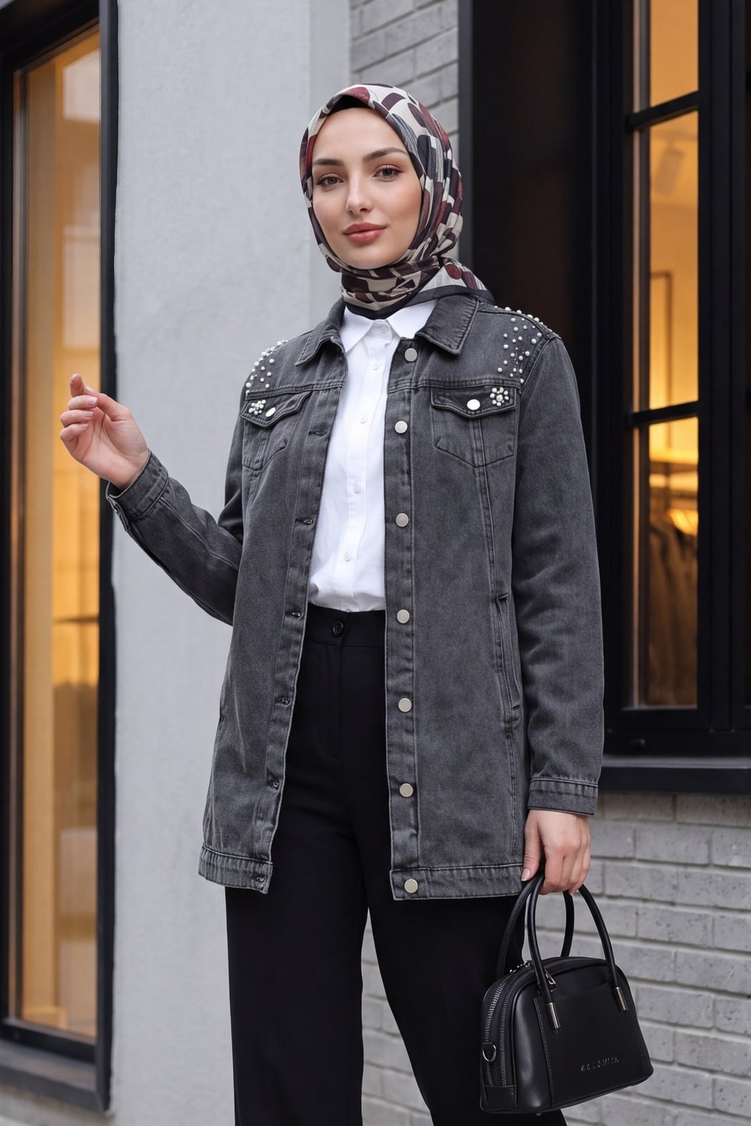 Stone Embellished Washed Denim Jacket - Smoke - Podyumplus - by Peralane