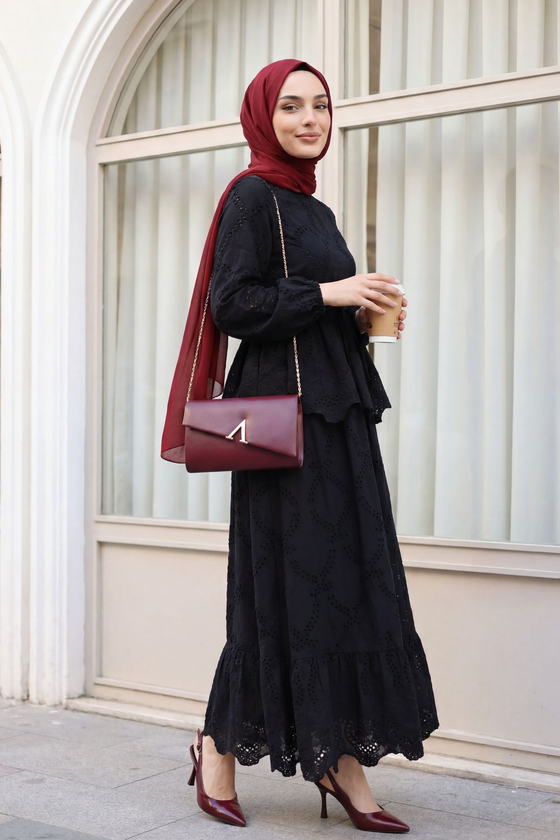 Black Linen-Look Eyelet Two-Piece Set with Scalloped Hem - Podyumplus - by Peralane - photo 2