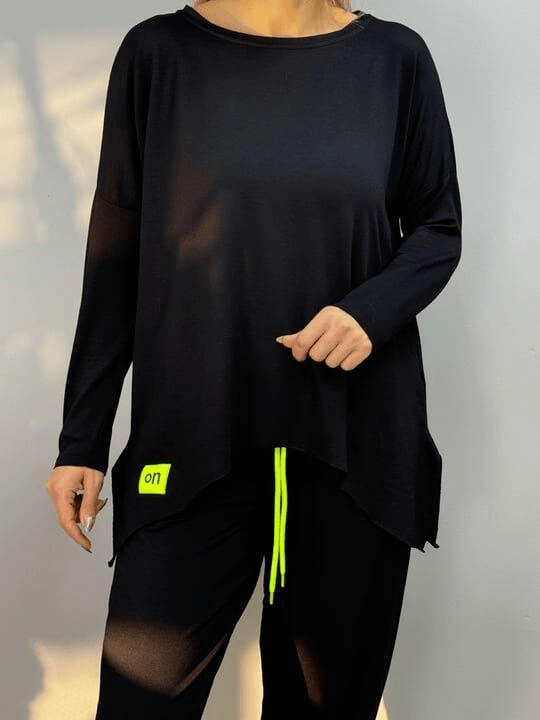 Women's Two-Piece Loungewear Set in Black with Neon Yellow Drawstring - Janes - by Peralane - photo 3