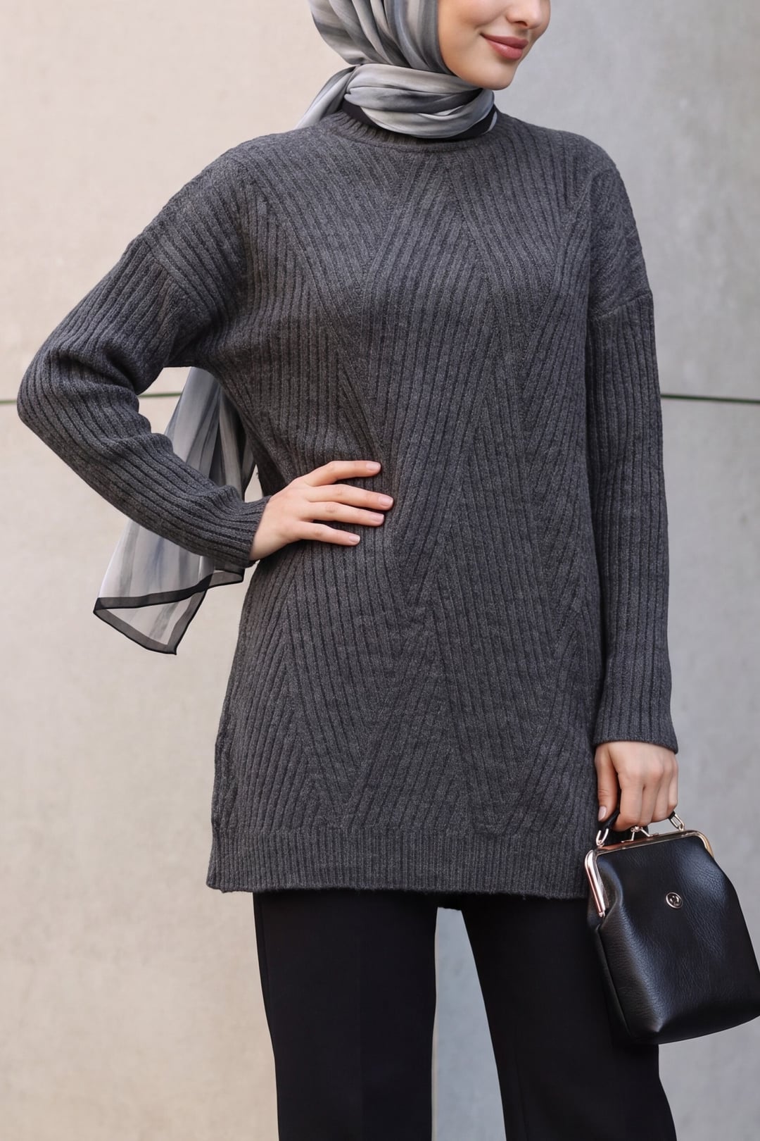 Chevron Pattern Knitted Tunic in Dark Grey - Podyumplus - by Peralane