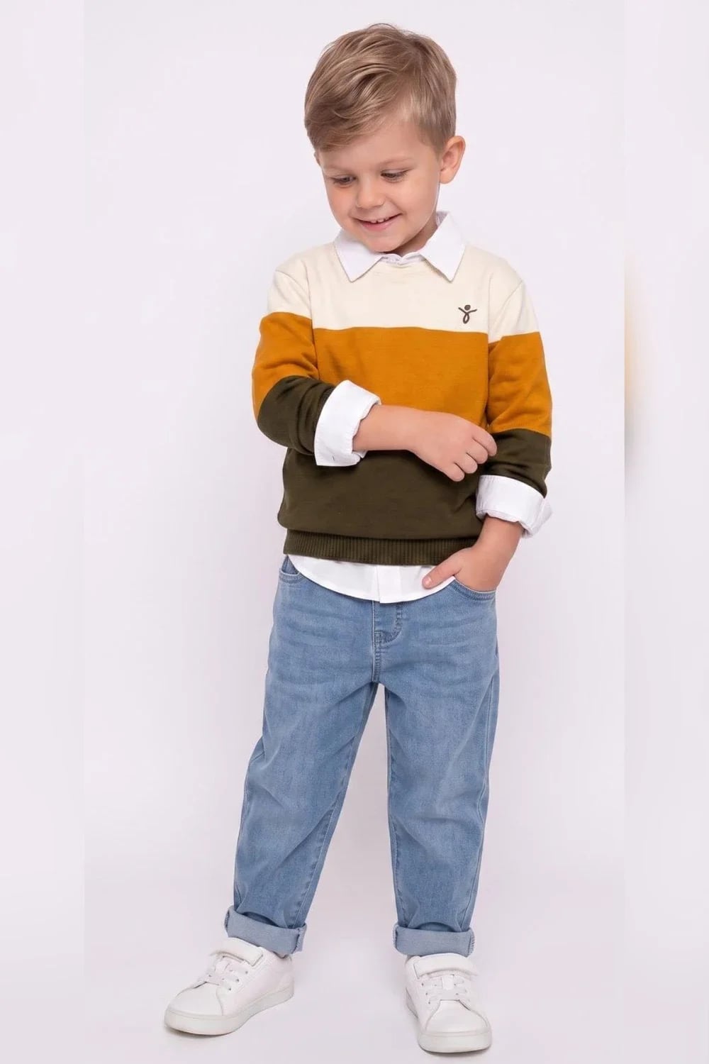 Boys Knitted Sweater Set with Striped Color-Block Design - Has Bereket - by Peralane