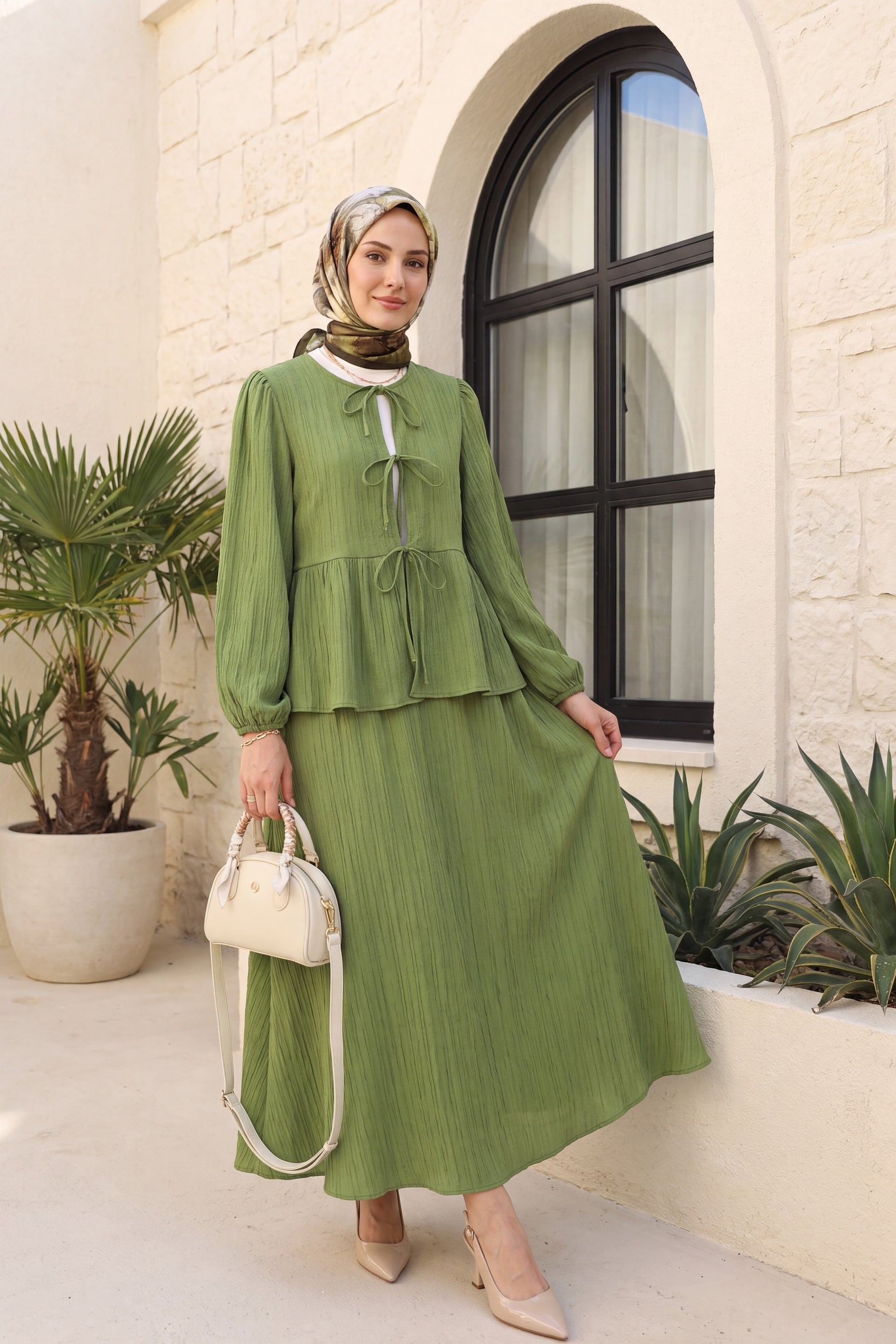 Tie-Front Crinkle Two-Piece Set with Peplum Top and Maxi Skirt - Pistachio Green - Podyumplus - by Peralane - photo 2