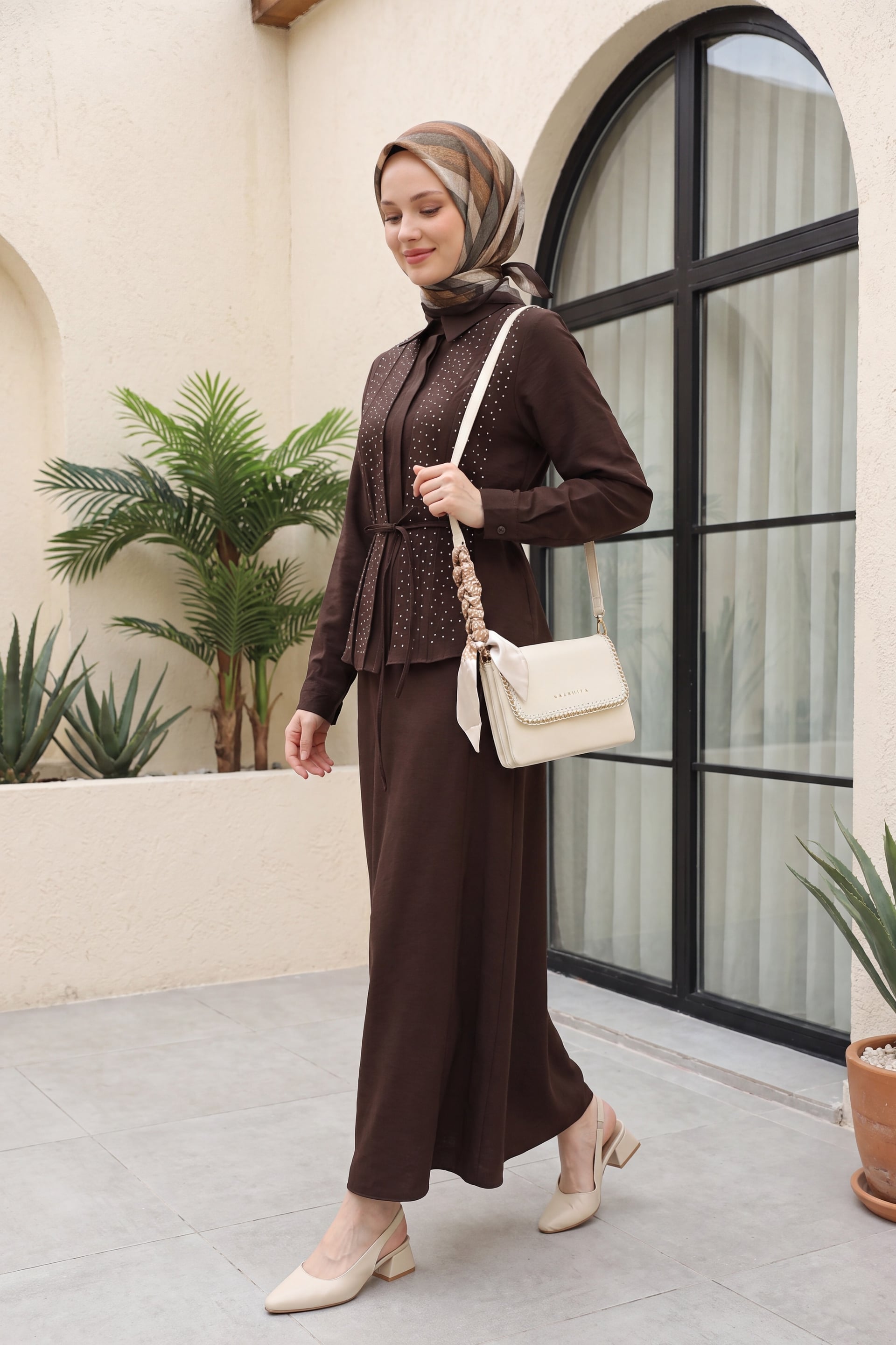 Women's Two-Piece Modest Set with Rhinestone Trim and Belted Skirt - Dark Brown - Podyumplus - by Peralane - photo 3