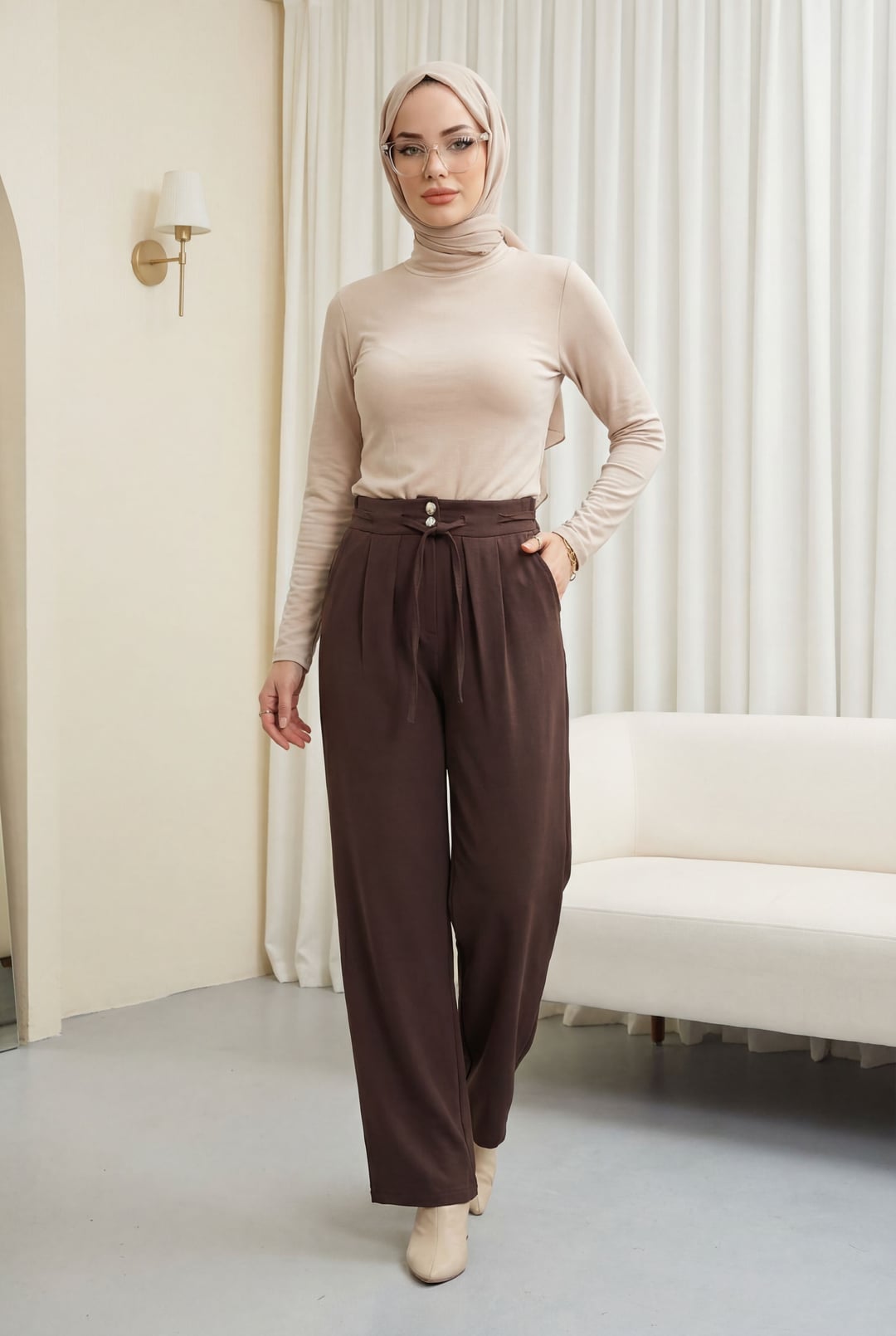 High Waist Drawstring Double Button Tencel Trousers - Brown - Podyumplus - by Peralane - photo 4