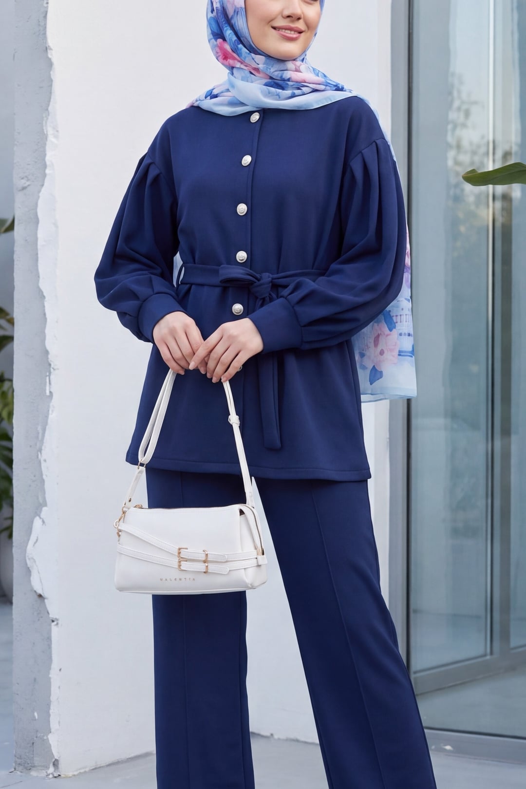 Navy Blue Belted Button-Front Scuba Trousers Set - Podyumplus - by Peralane