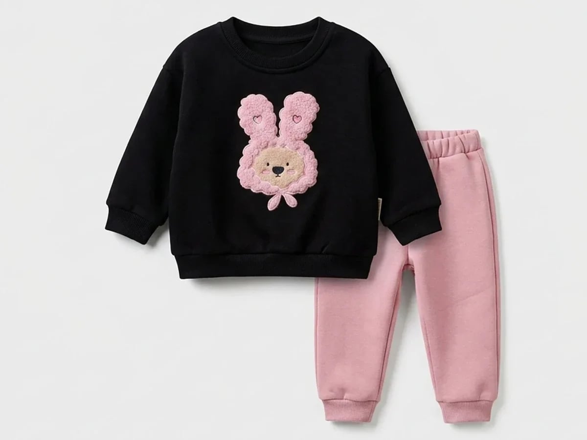 Girls' Rabbit Appliqué Fleece Sweatshirt and Trousers Set - Black and Pink - Vovido - by Peralane