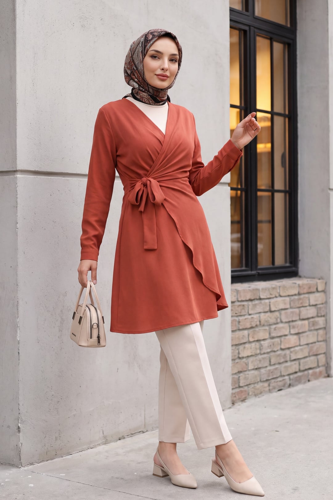 Wrap V-Neck Tie-Waist Tunic Dress in Rust - Podyumplus - by Peralane - photo 3