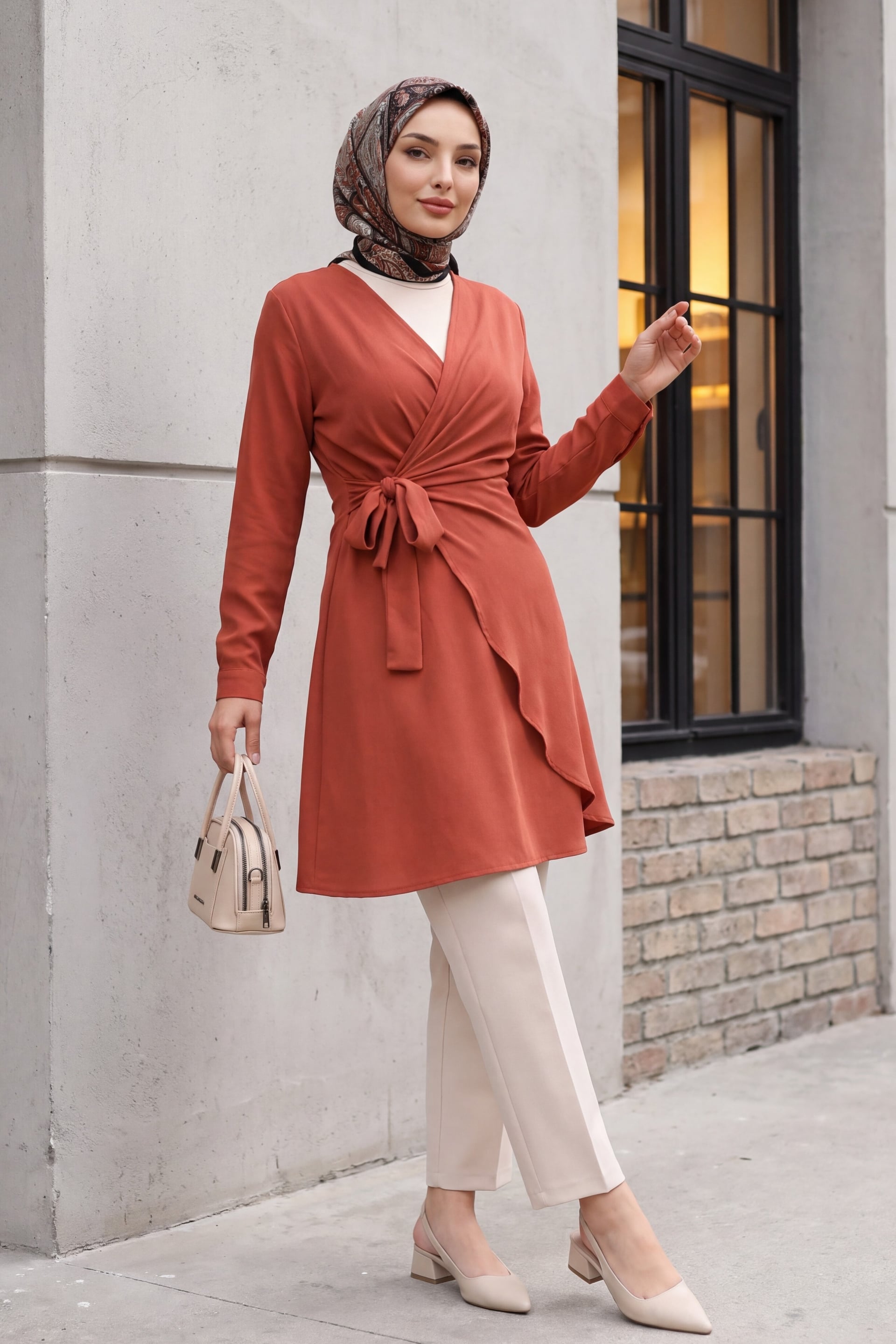 Wrap V-Neck Tie-Waist Tunic Dress in Rust - Podyumplus - by Peralane - photo 3
